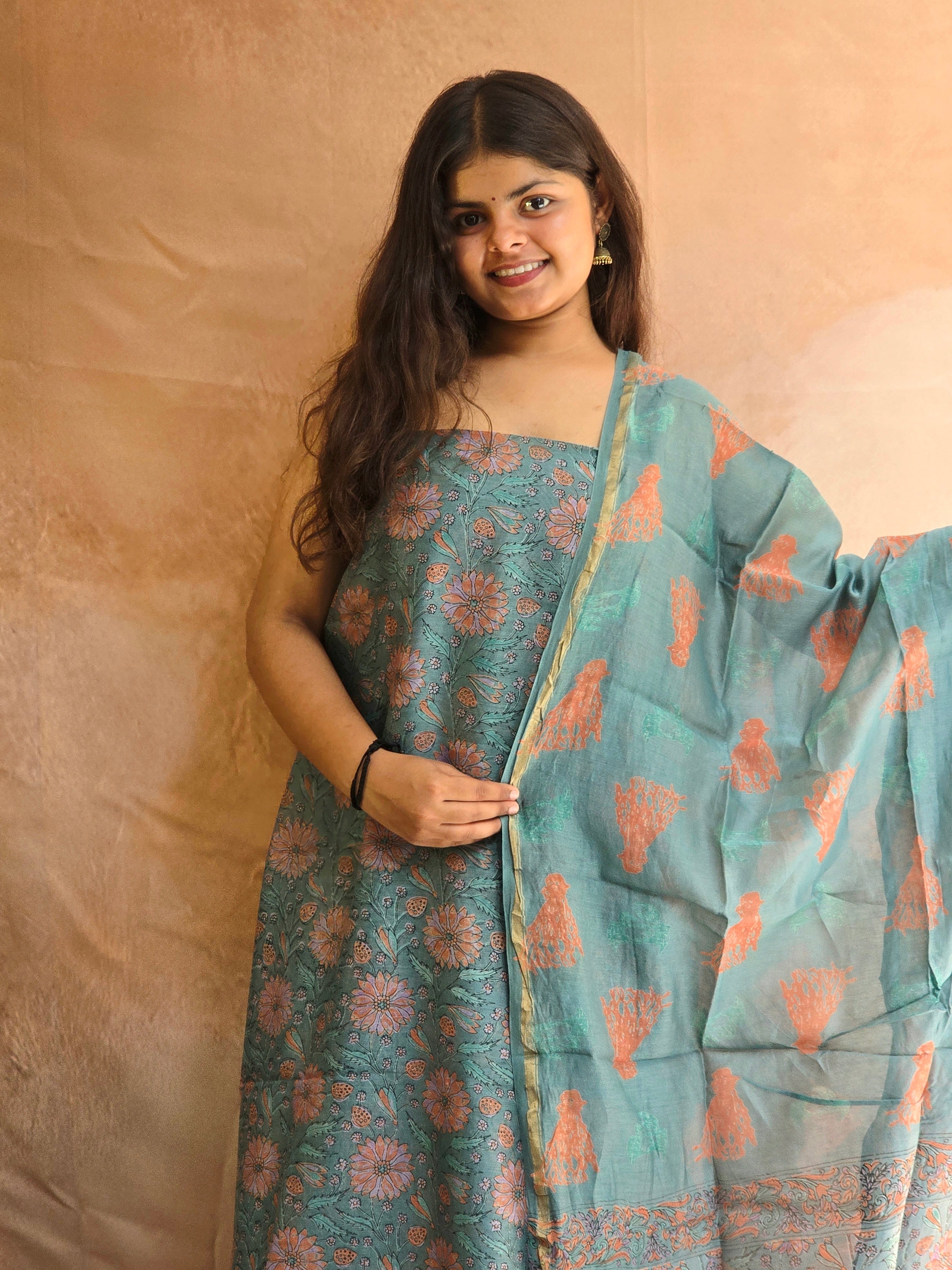 Handblock Printed Chanderi Dress Material Set - Green