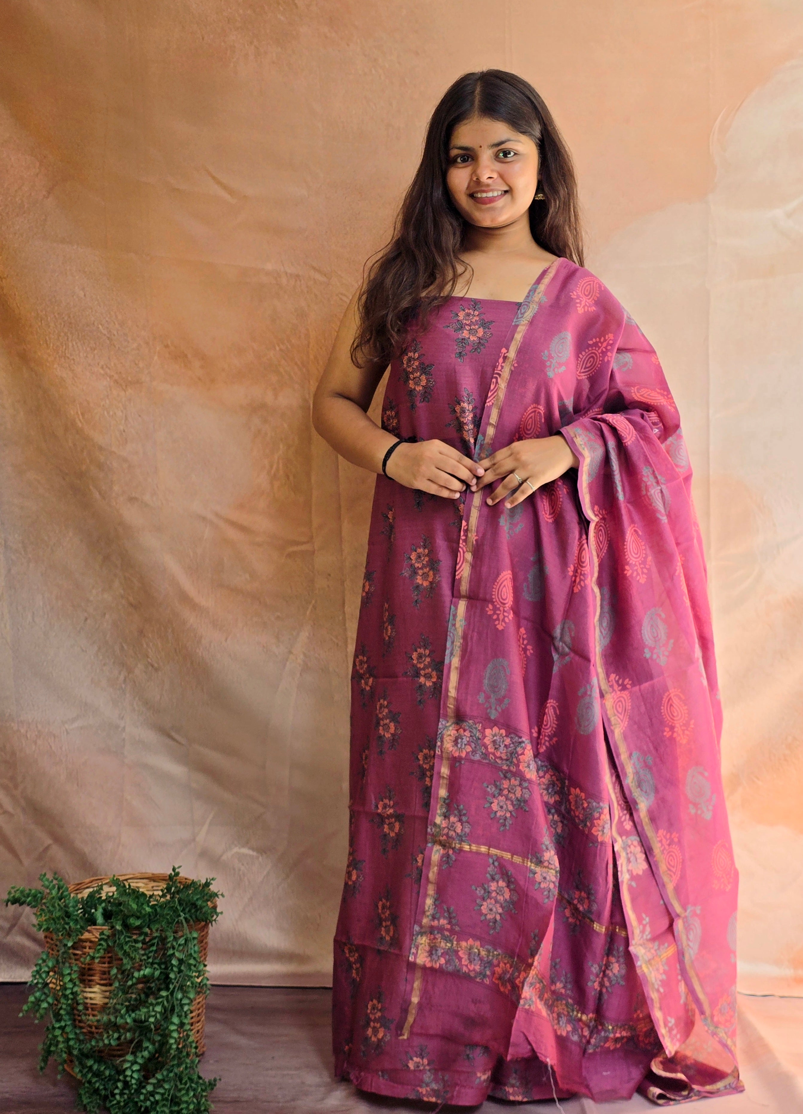 Handblock Printed Chanderi Dress Material Set - Magenta