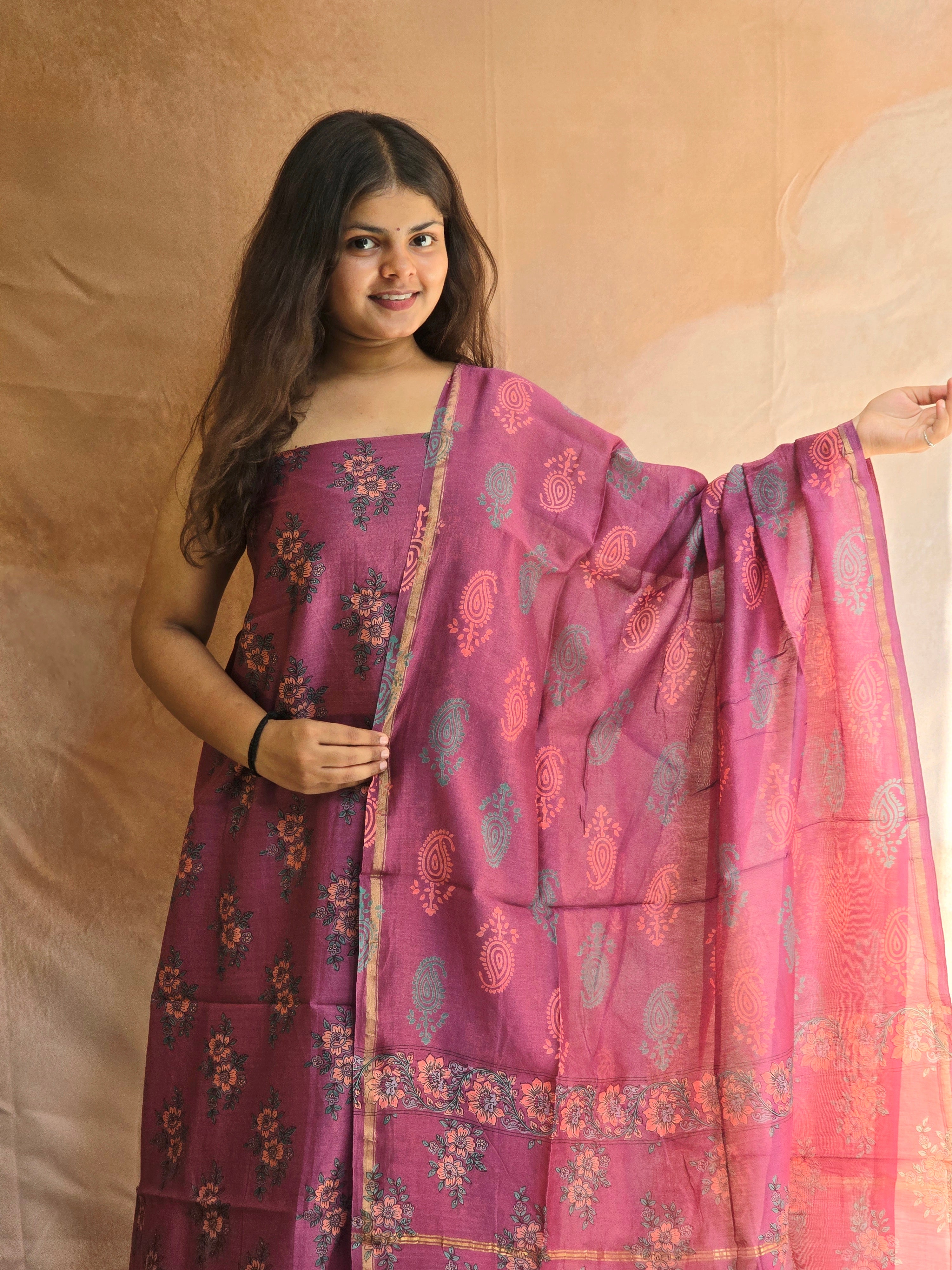 Handblock Printed Chanderi Dress Material Set - Magenta