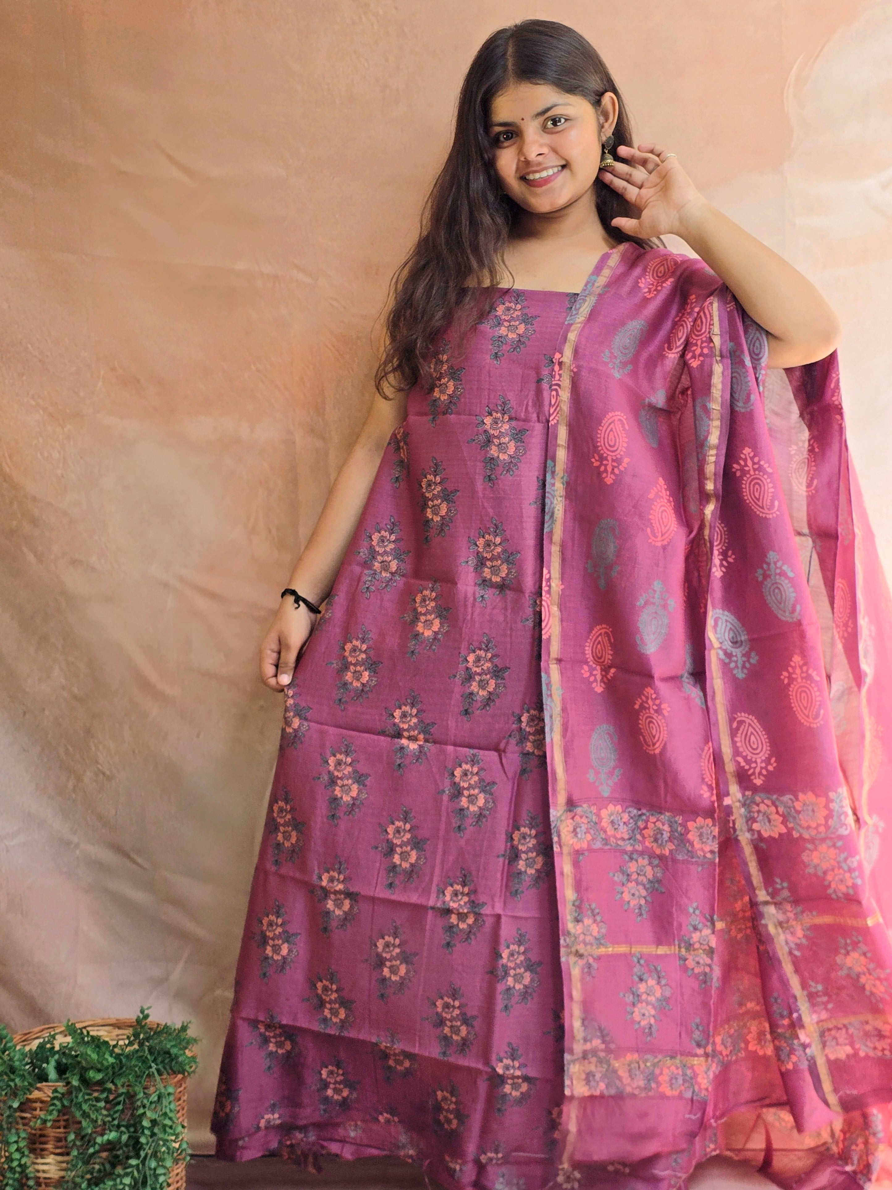Handblock Printed Chanderi Dress Material Set - Magenta
