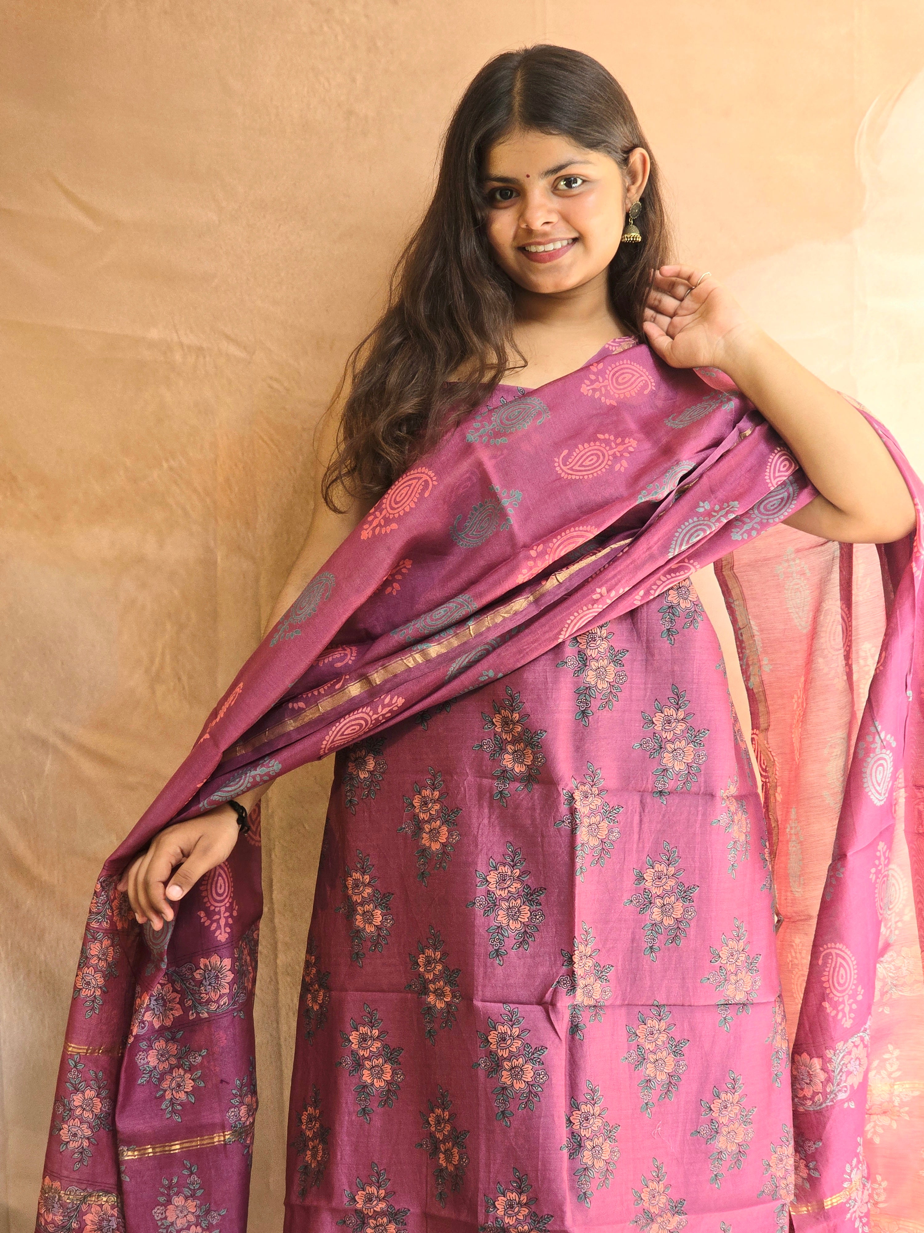 Handblock Printed Chanderi Dress Material Set - Magenta
