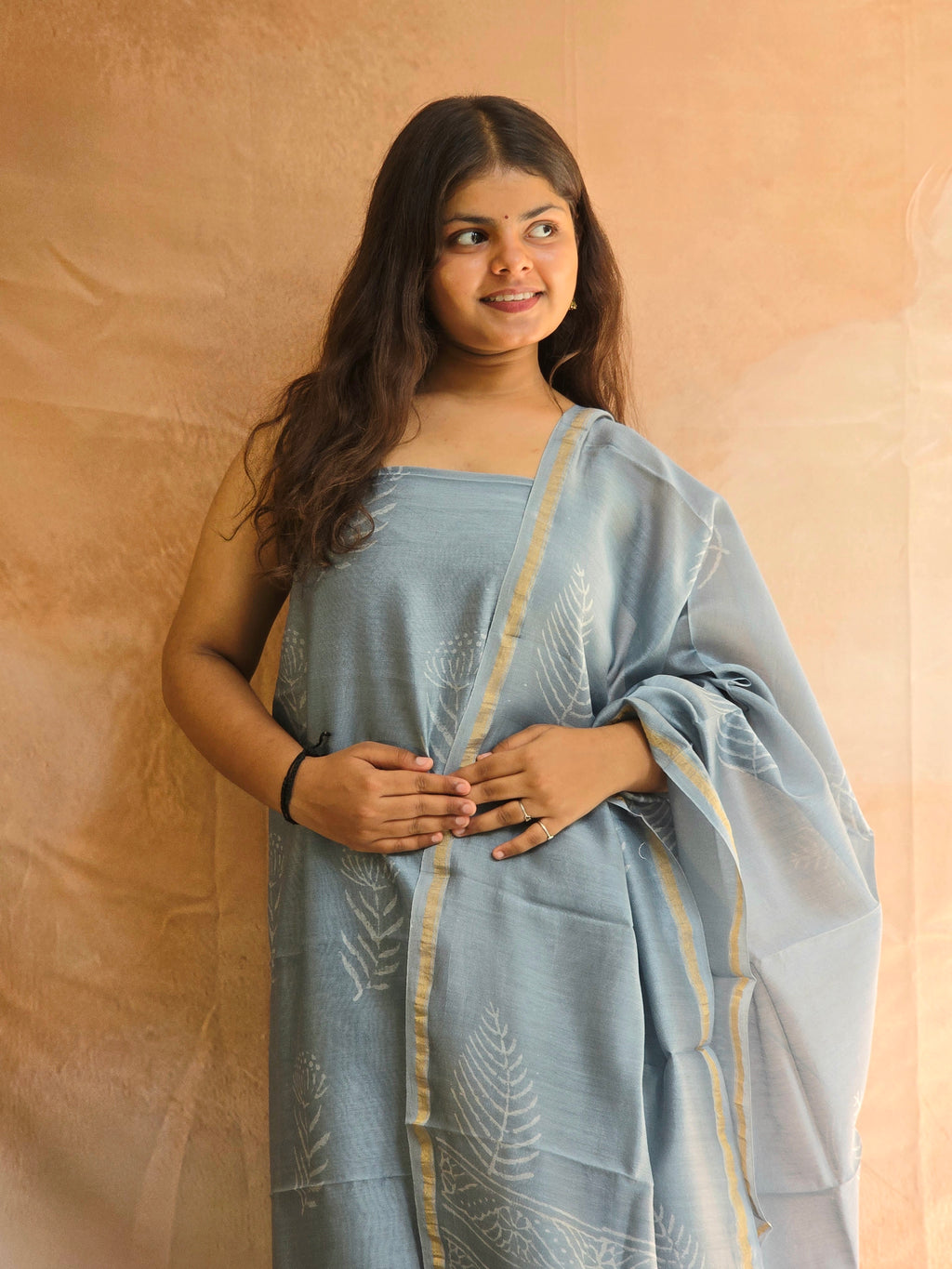 Handblock Printed Chanderi Dress Material Set - Gray