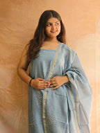 Handblock Printed Chanderi Dress Material Set - Gray