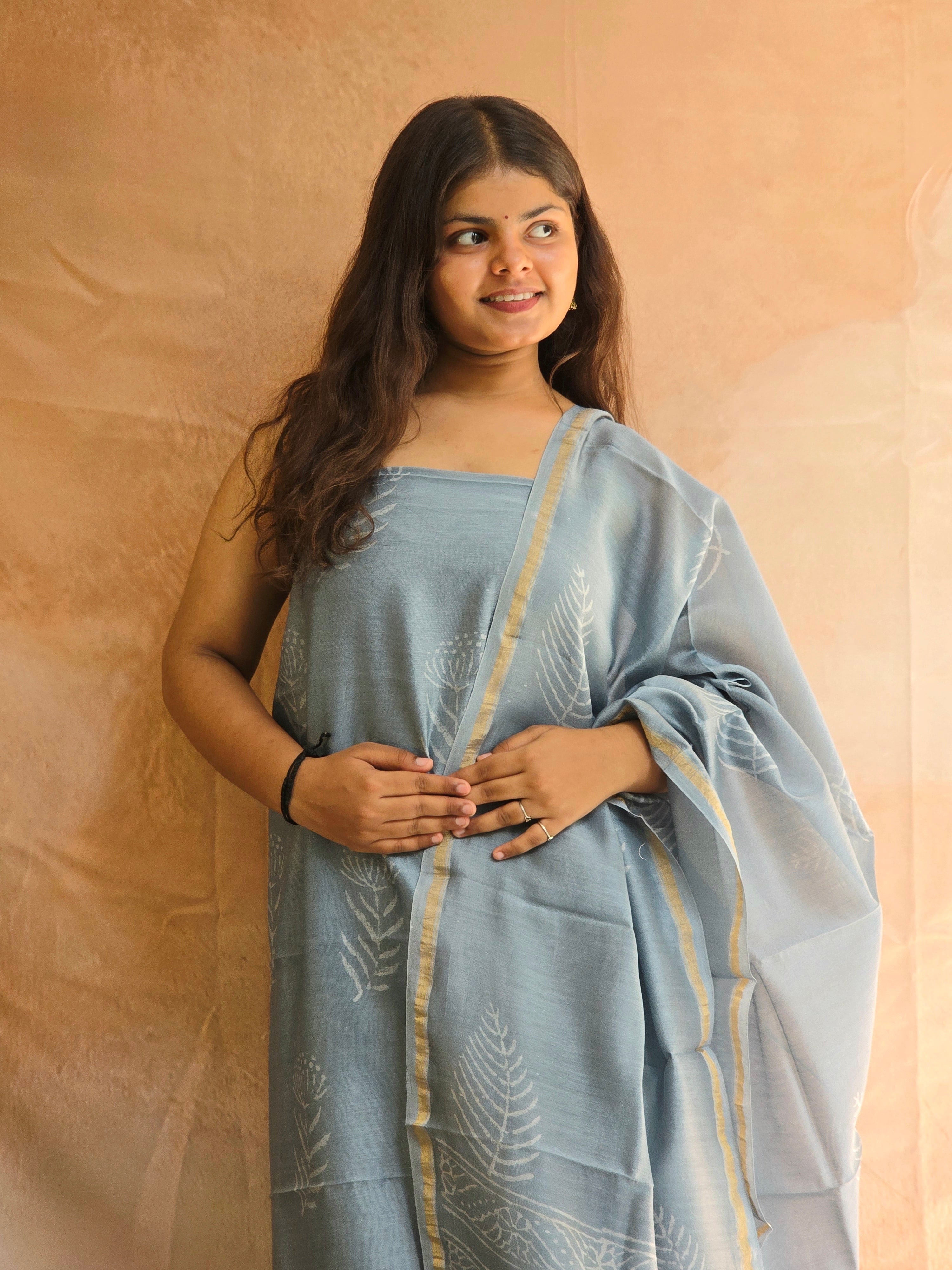 Handblock Printed Chanderi Dress Material Set - Gray