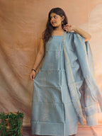 Handblock Printed Chanderi Dress Material Set - Gray