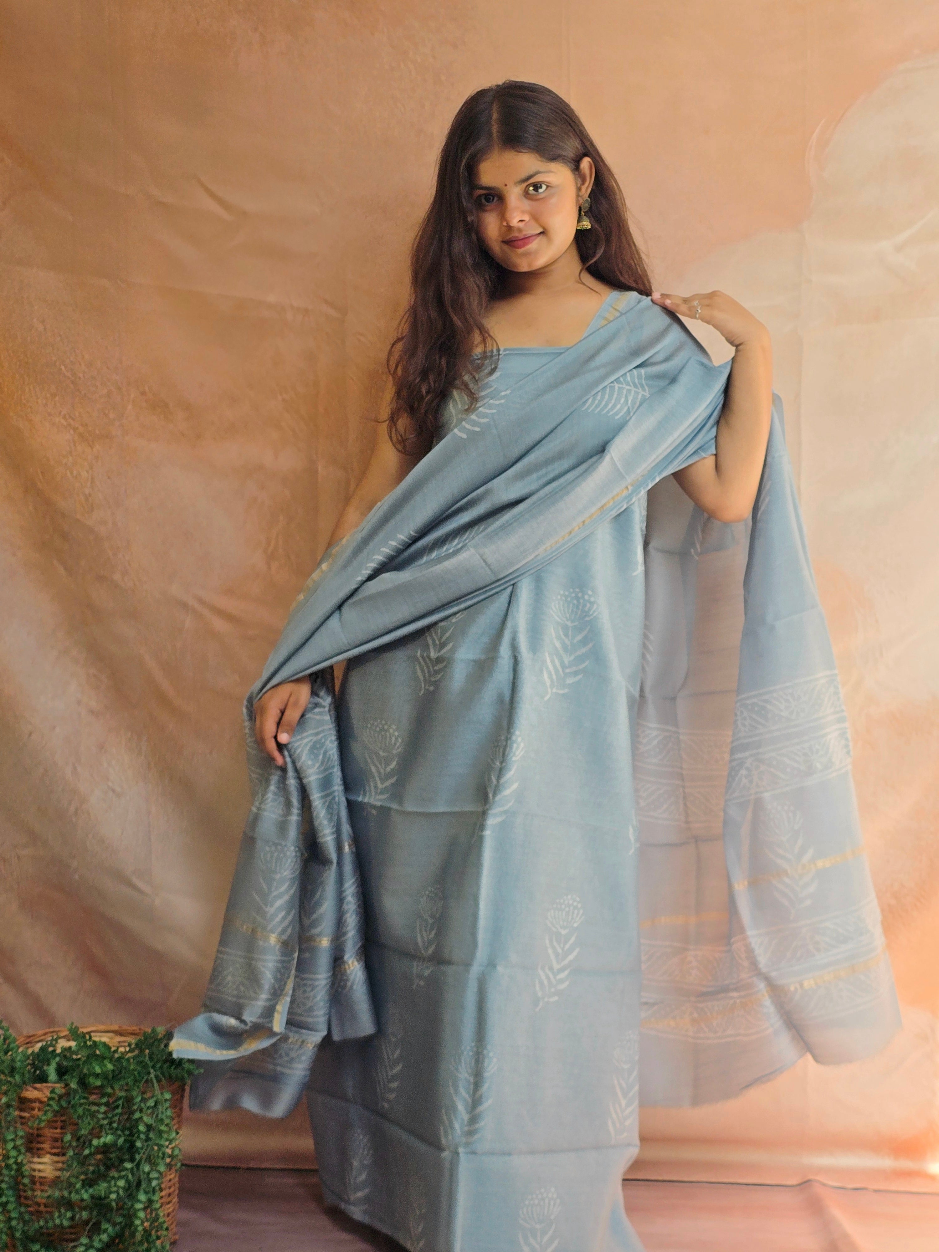 Handblock Printed Chanderi Dress Material Set - Gray