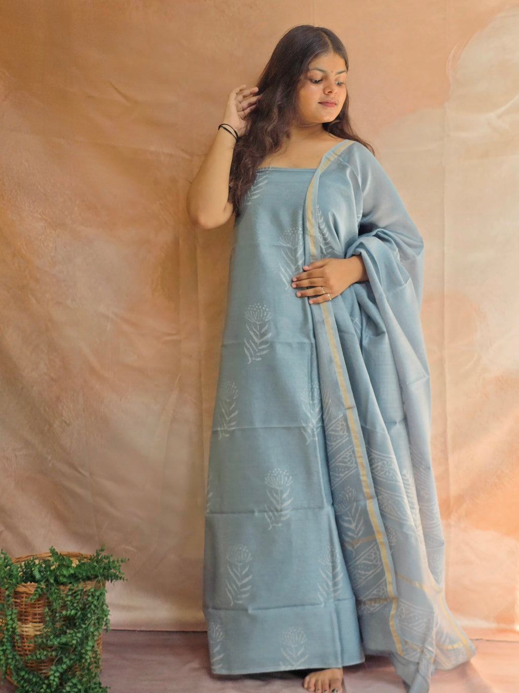 Handblock Printed Chanderi Dress Material Set - Gray