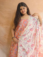 Handblock Printed Chanderi Dress Material Set - Peach
