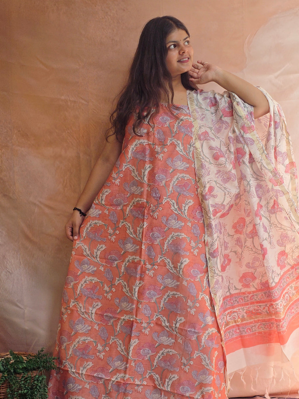 Handblock Printed Chanderi Dress Material Set - Peach