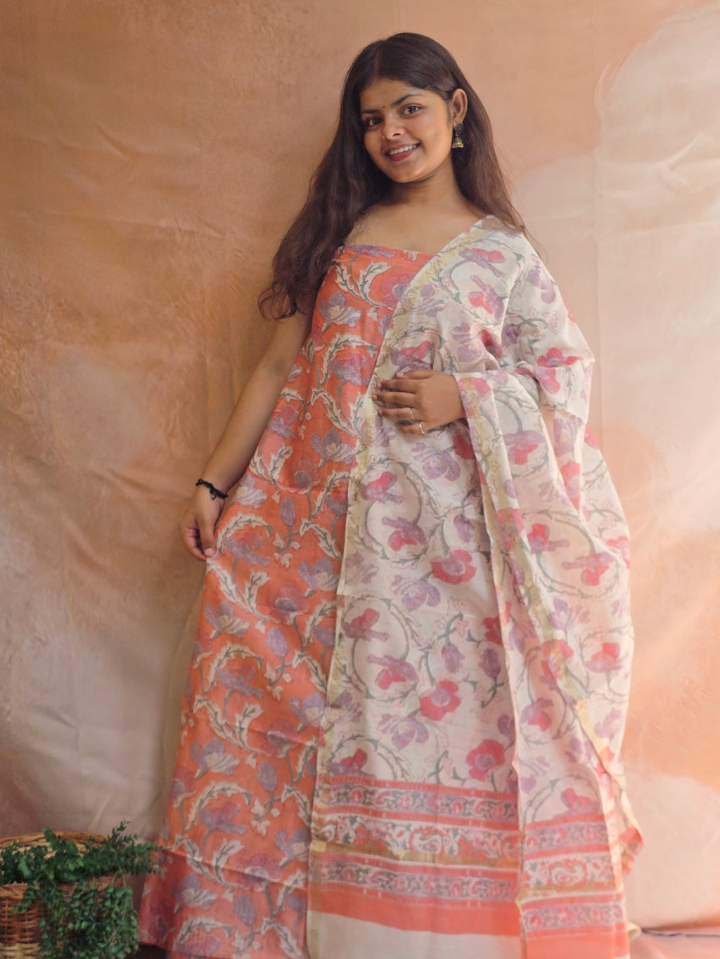 Handblock Printed Chanderi Dress Material Set - Peach