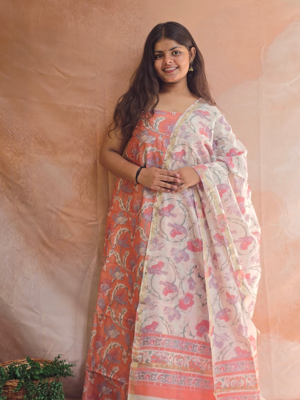 Handblock Printed Chanderi Dress Material Set - Peach