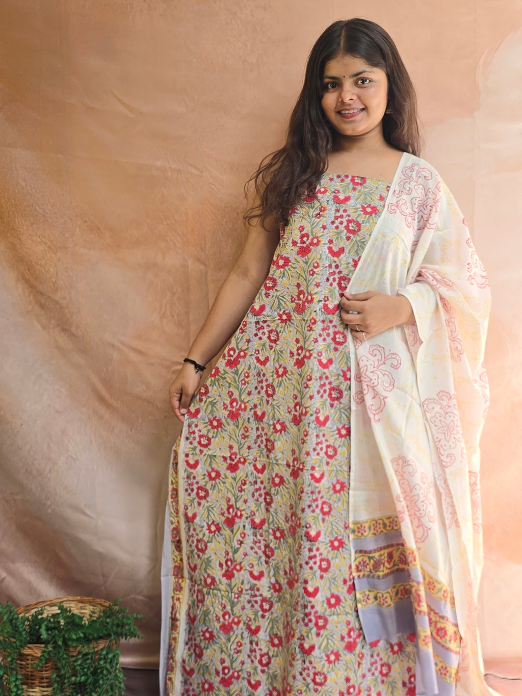 Handblock Printed Mul Cotton Dress Material Set - Yellow Floral