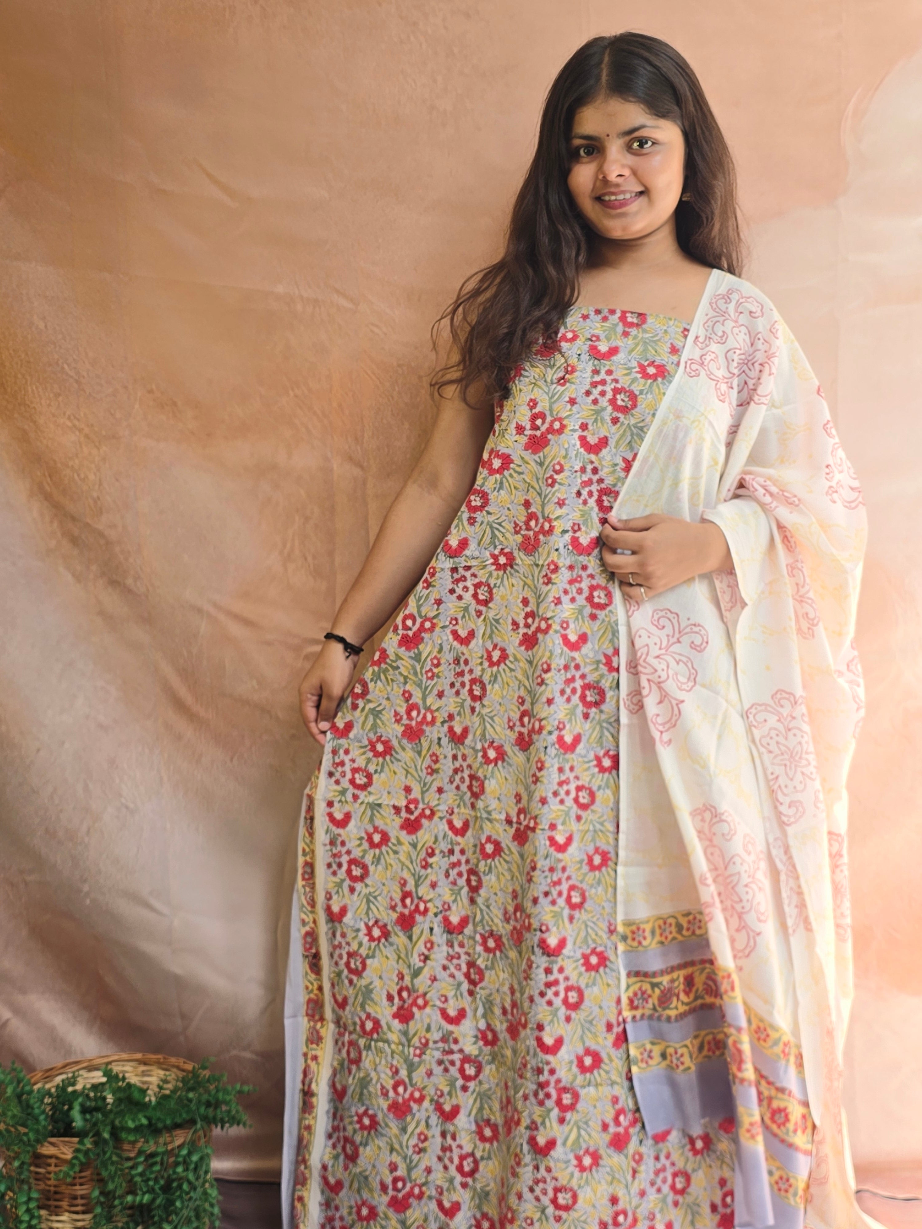 Handblock Printed Mul Cotton Dress Material Set - Yellow Floral