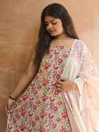 Handblock Printed Mul Cotton Dress Material Set - Yellow Floral