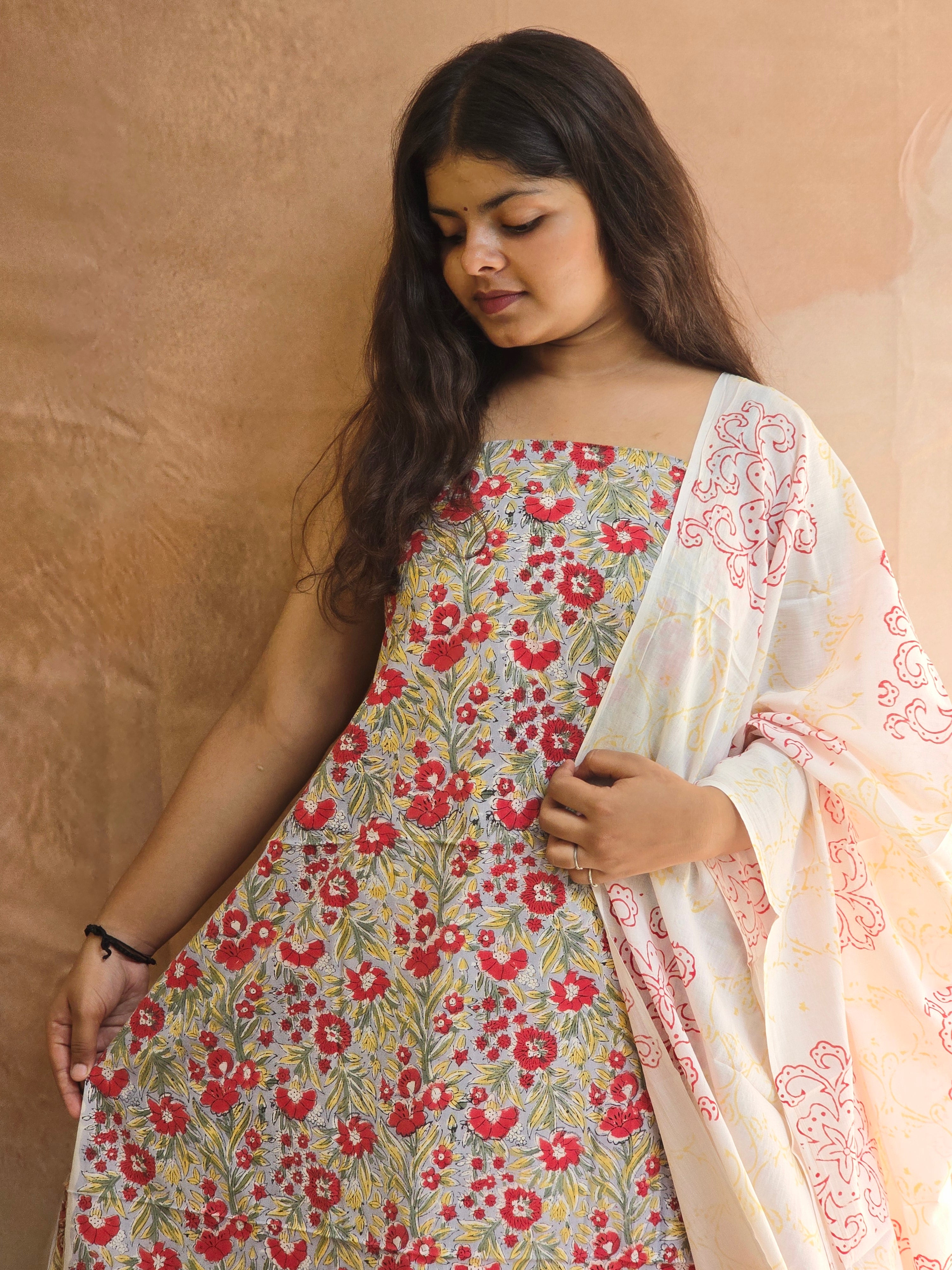 Handblock Printed Mul Cotton Dress Material Set - Yellow Floral