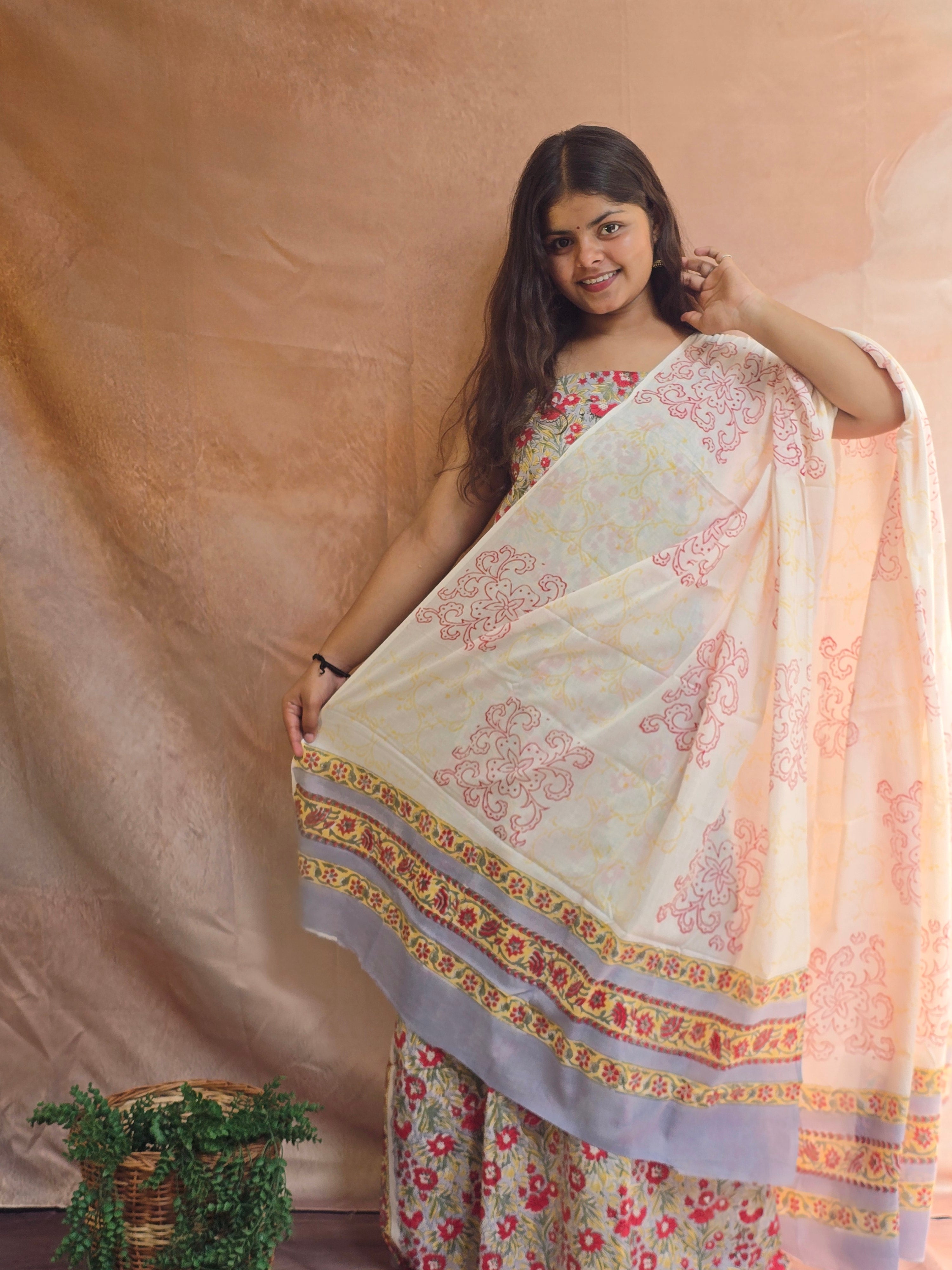 Handblock Printed Mul Cotton Dress Material Set - Yellow Floral
