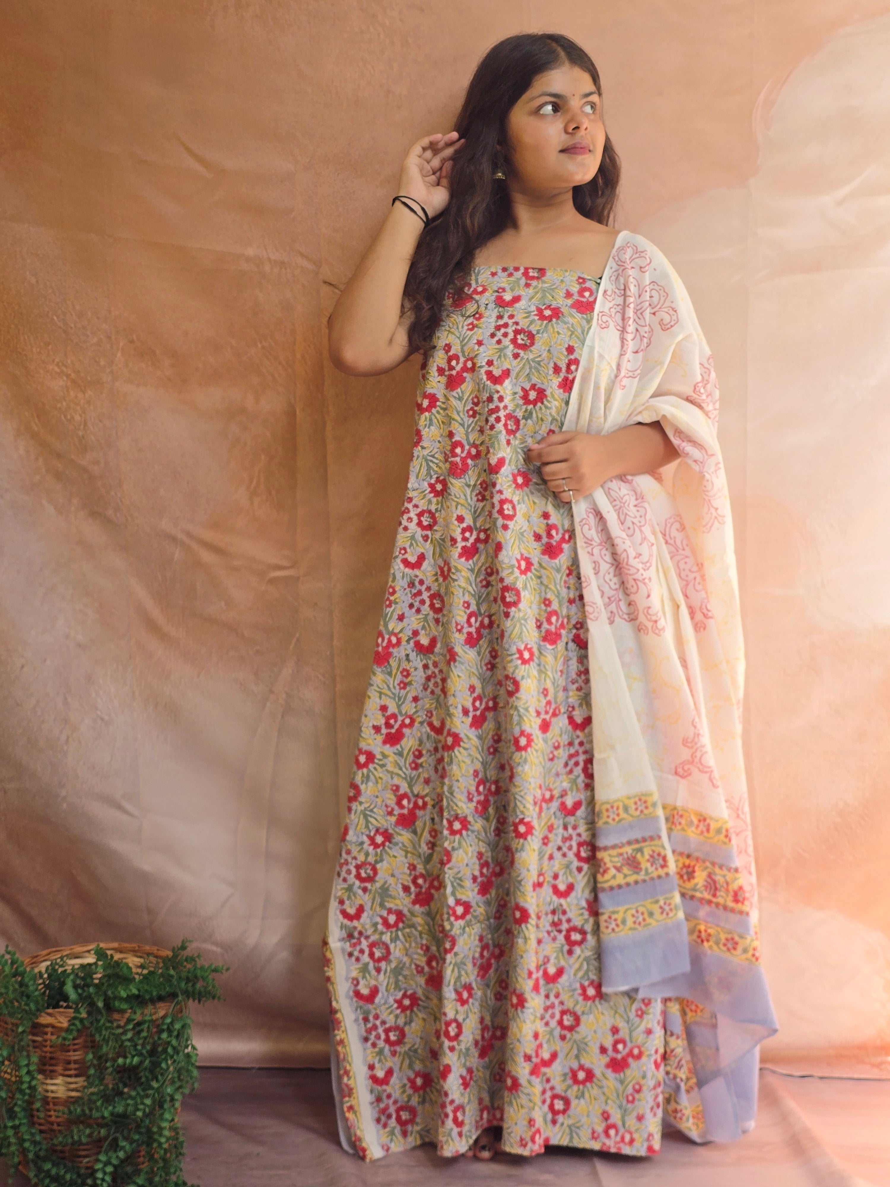 Handblock Printed Mul Cotton Dress Material Set - Yellow Floral