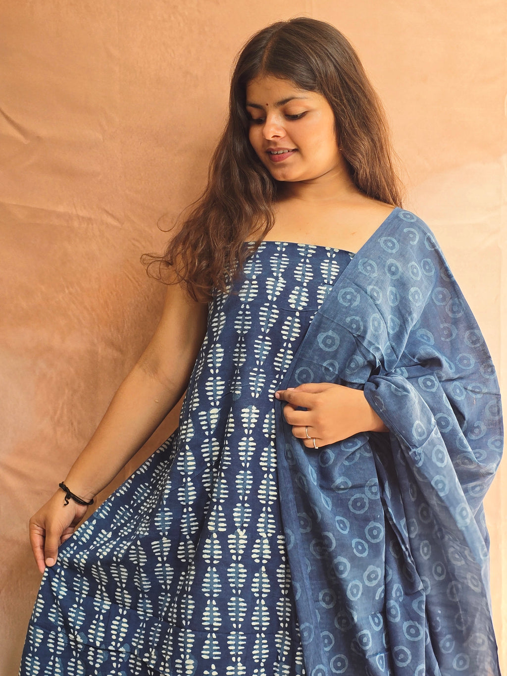 Handblock Printed Mul Cotton Dress Material Set - Indigo