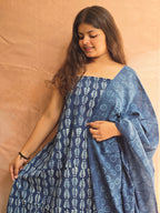 Handblock Printed Mul Cotton Dress Material Set - Indigo