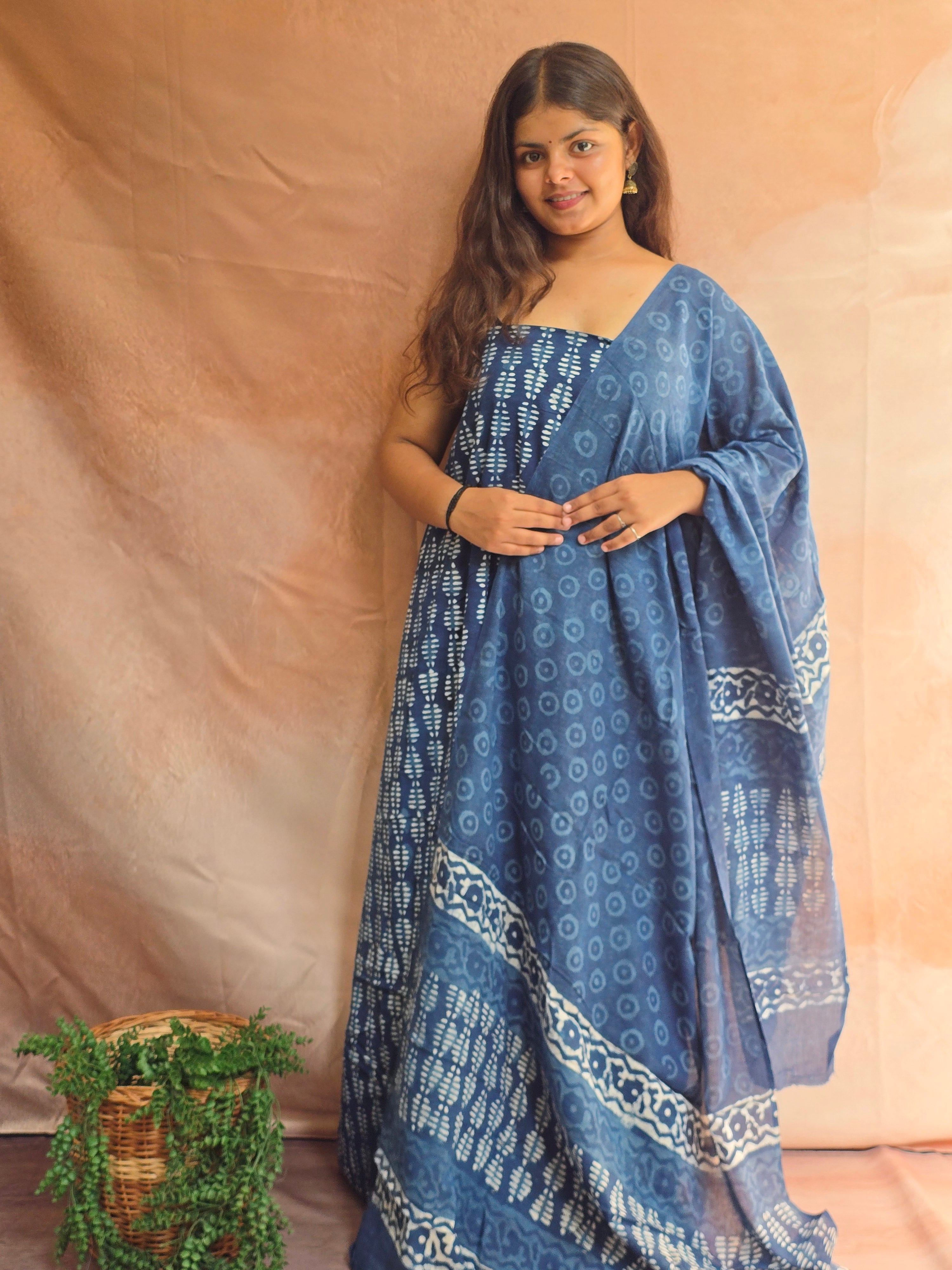 Handblock Printed Mul Cotton Dress Material Set