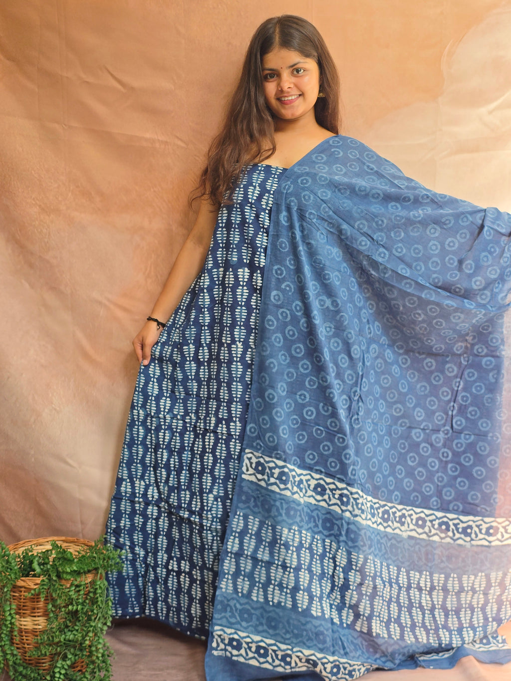 Handblock Printed Mul Cotton Dress Material Set - Indigo