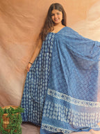Handblock Printed Mul Cotton Dress Material Set - Indigo