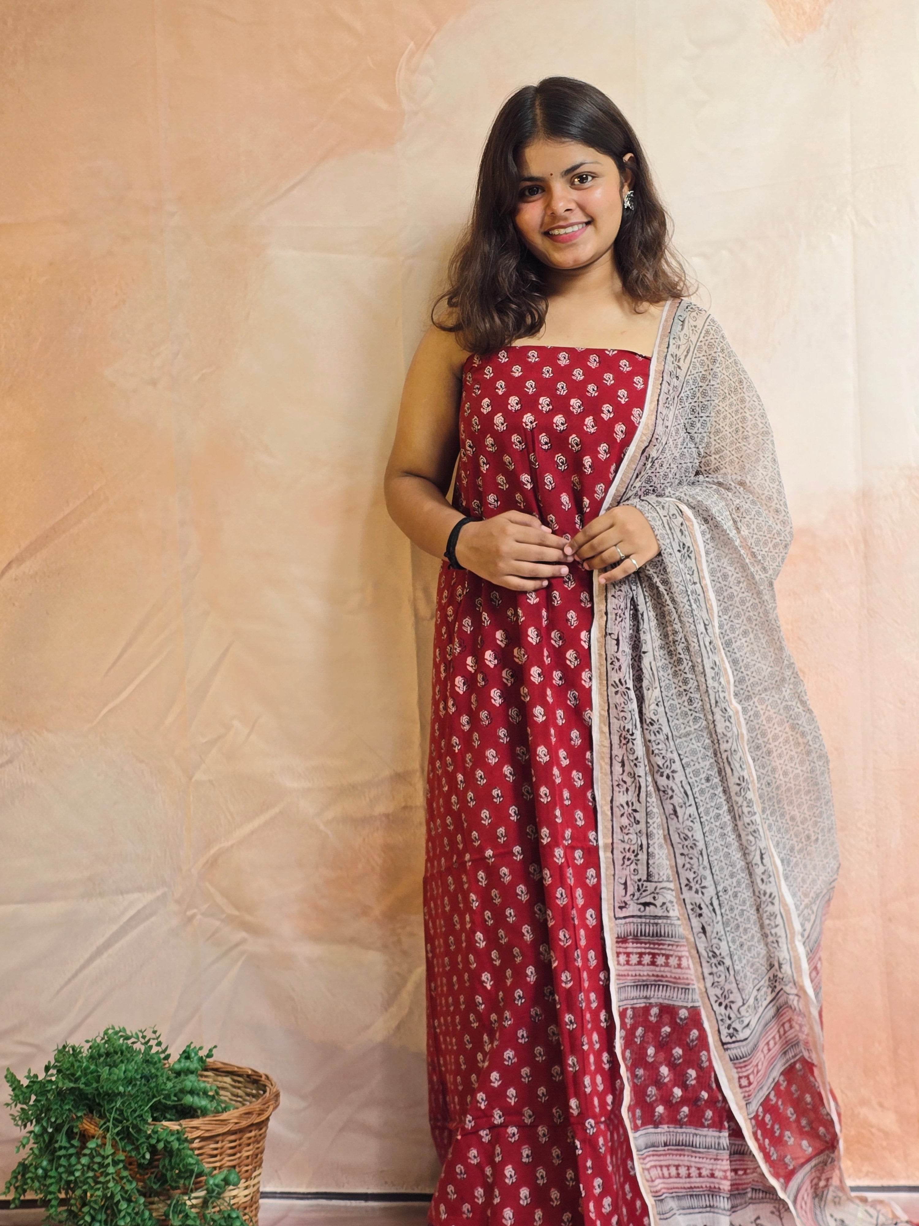 Natural Dyed Hand Block Print Cotton Suit Set with Kota Doria Dupatta