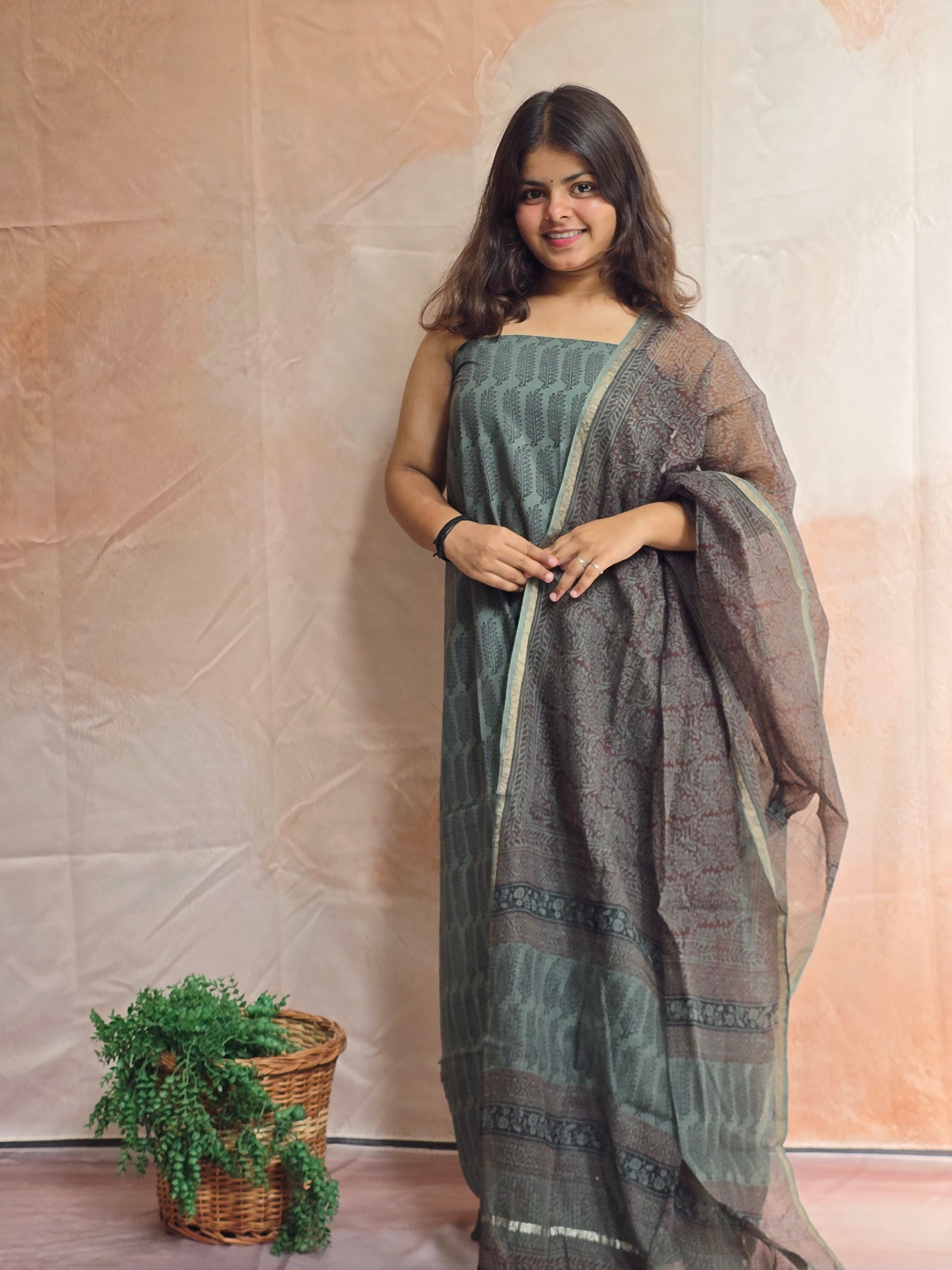 Natural Dyed Hand Block Print Cotton Suit Set with Kota Doria Dupatta