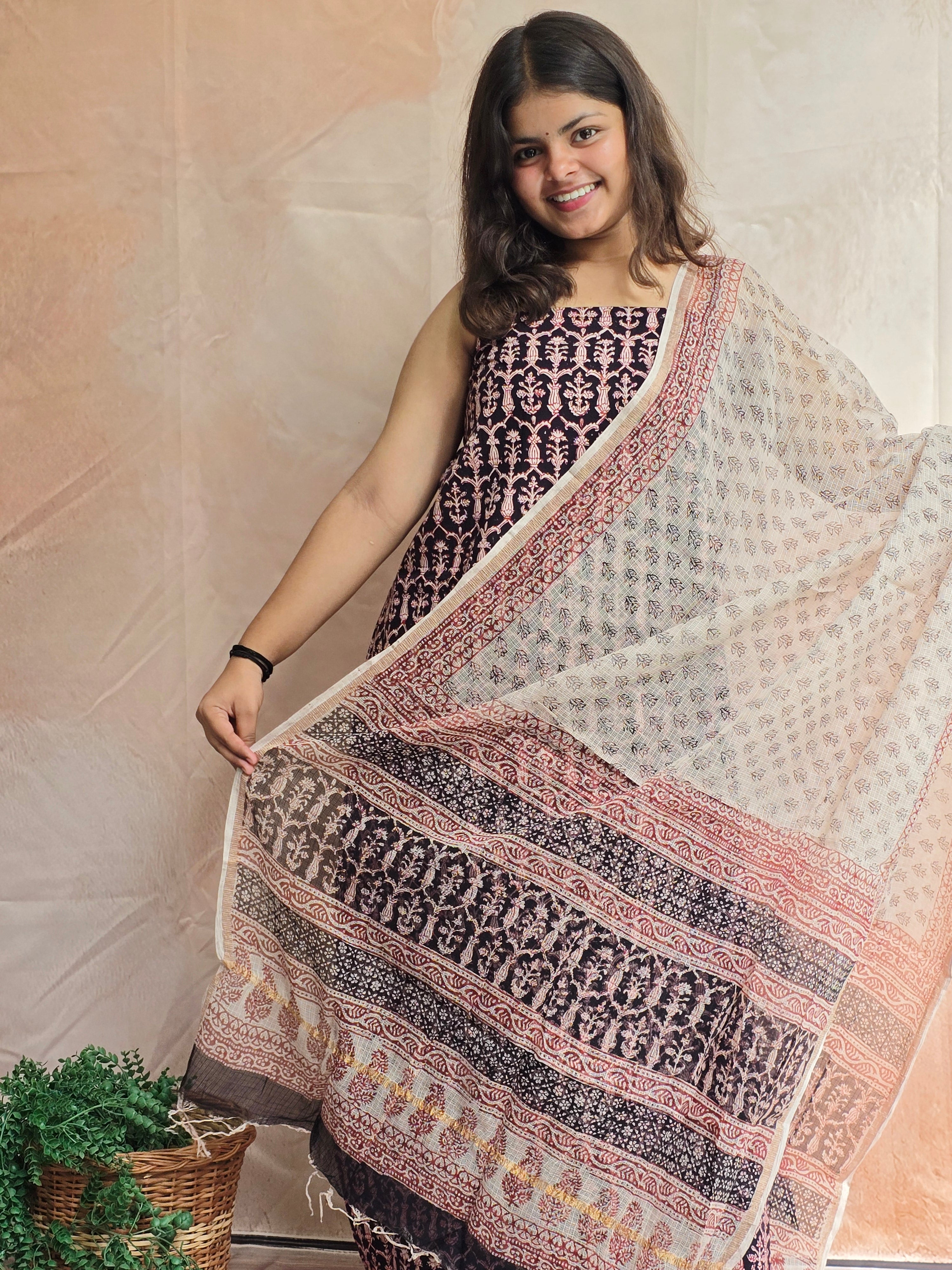 Natural Dyed Hand Block Print Cotton Suit Set with Kota Doria Dupatta
