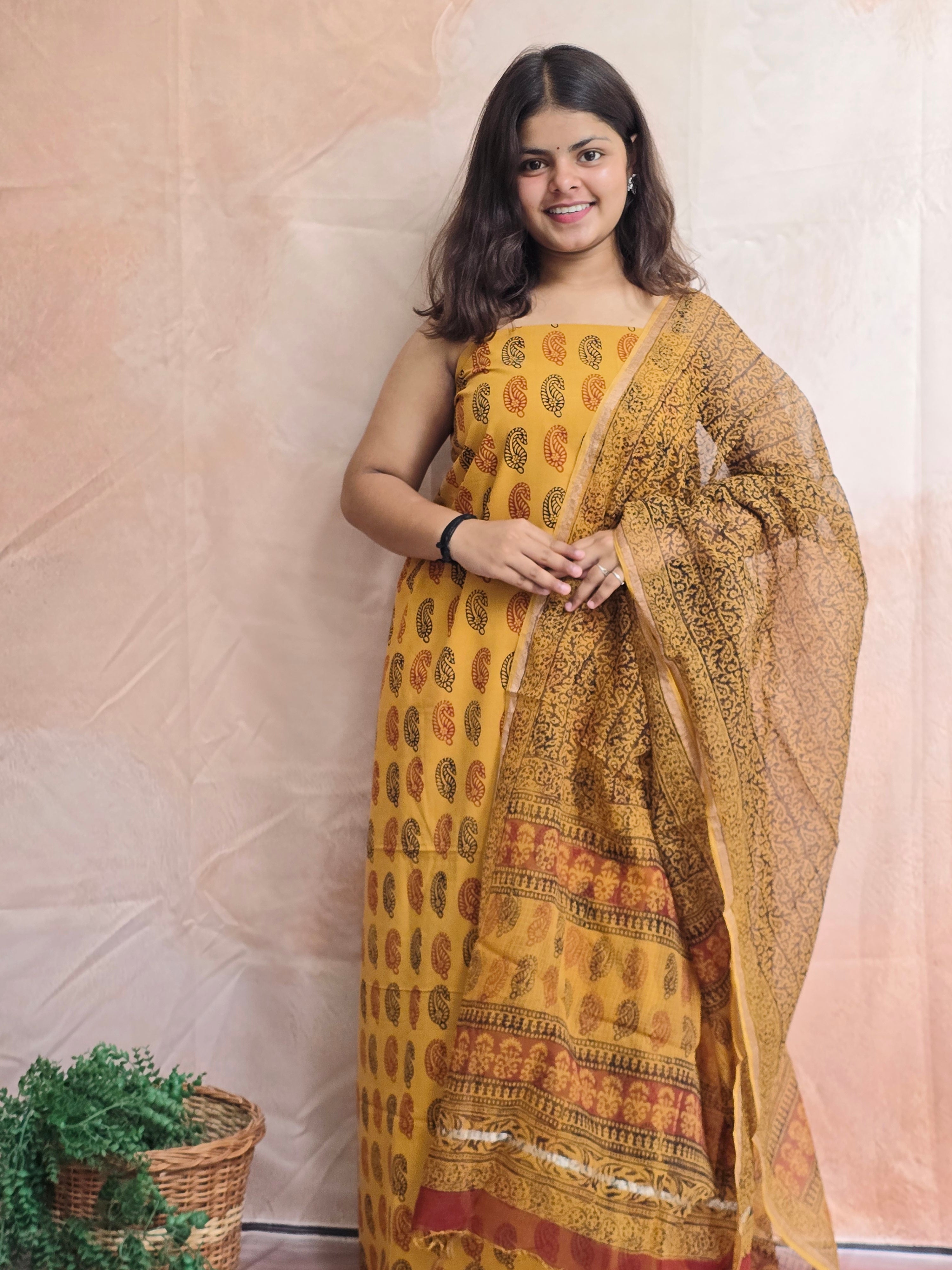 Natural Dyed Hand Block Print Cotton Suit Set with Kota Doria Dupatta