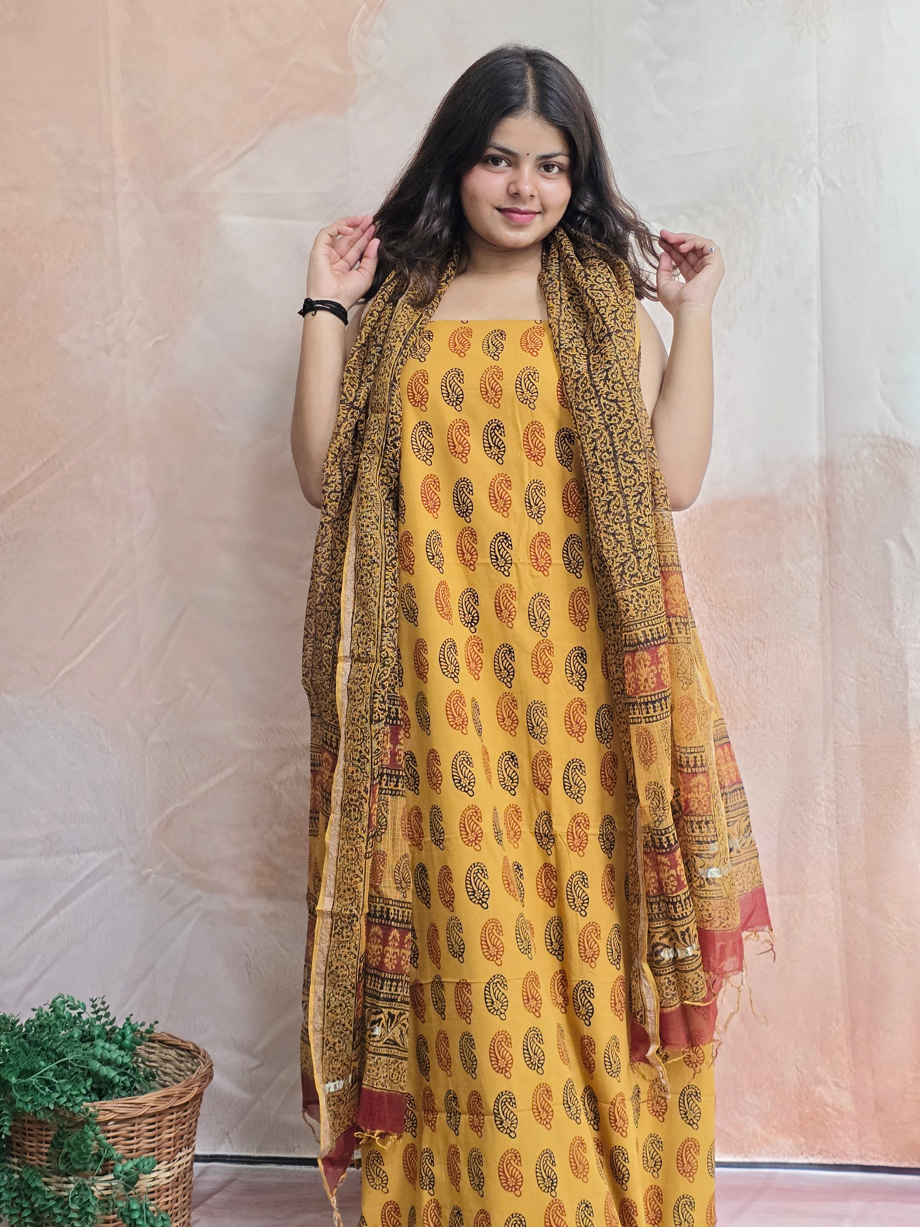 Natural Dyed Hand Block Print Cotton Suit Set with Kota Doria Dupatta