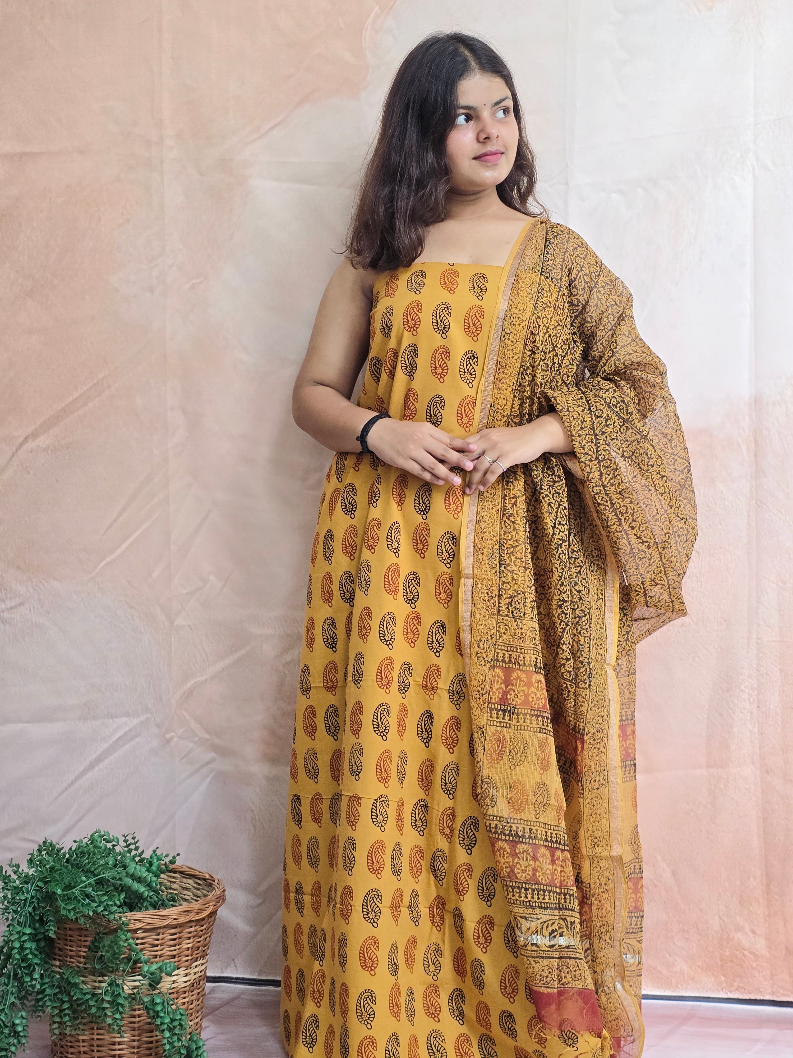 Natural Dyed Hand Block Print Cotton Suit Set with Kota Doria Dupatta