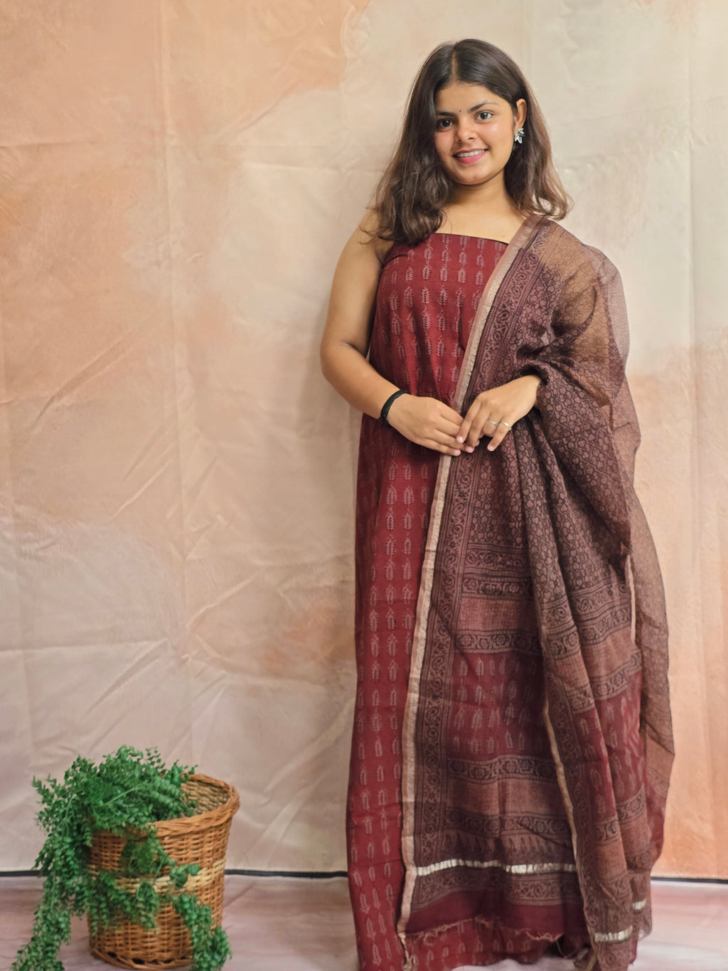 Natural Dyed Hand Block Print Cotton Suit Set with Kota Doria Dupatta