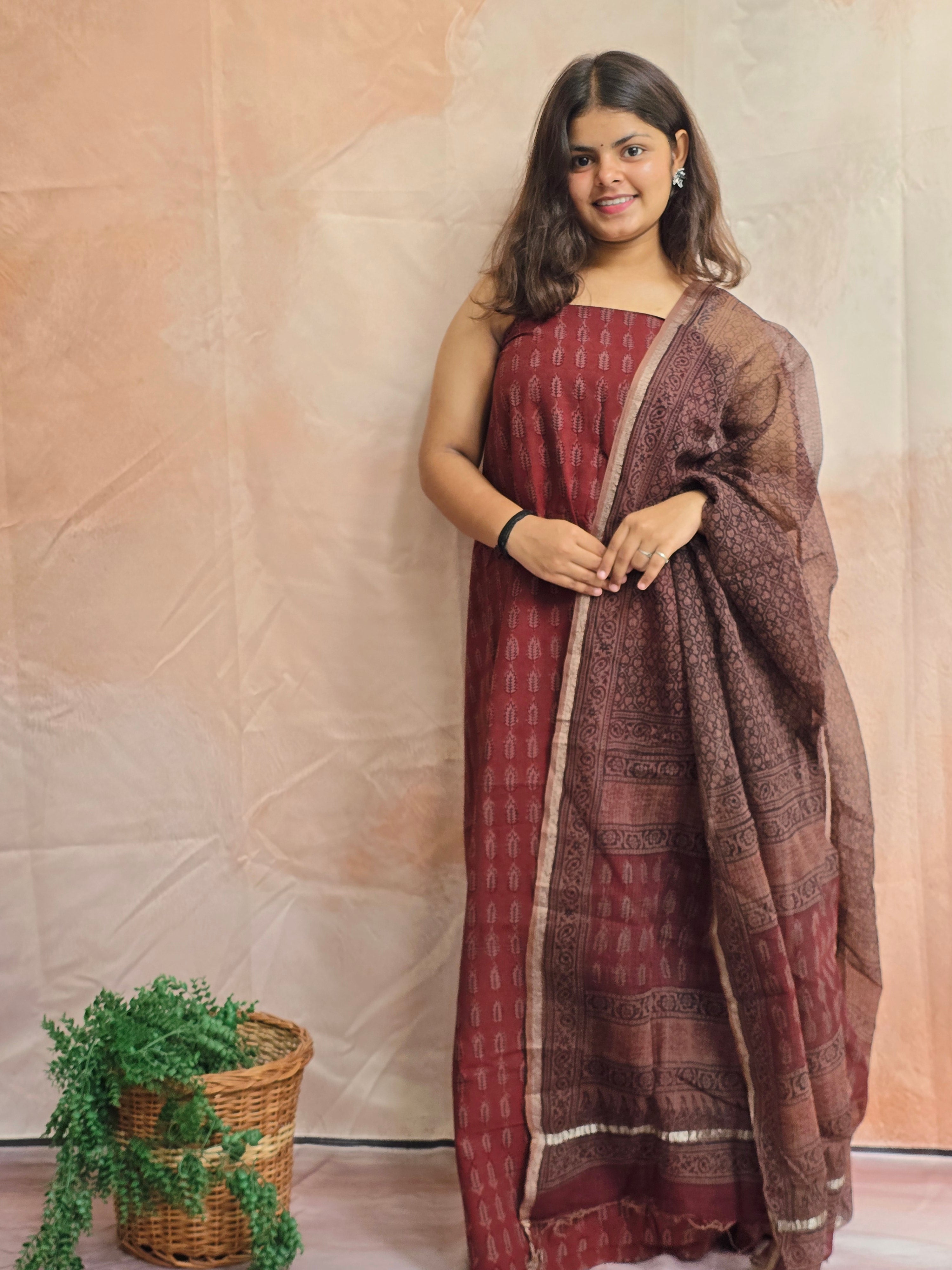 Natural Dyed Hand Block Print Cotton Suit Set with Kota Doria Dupatta