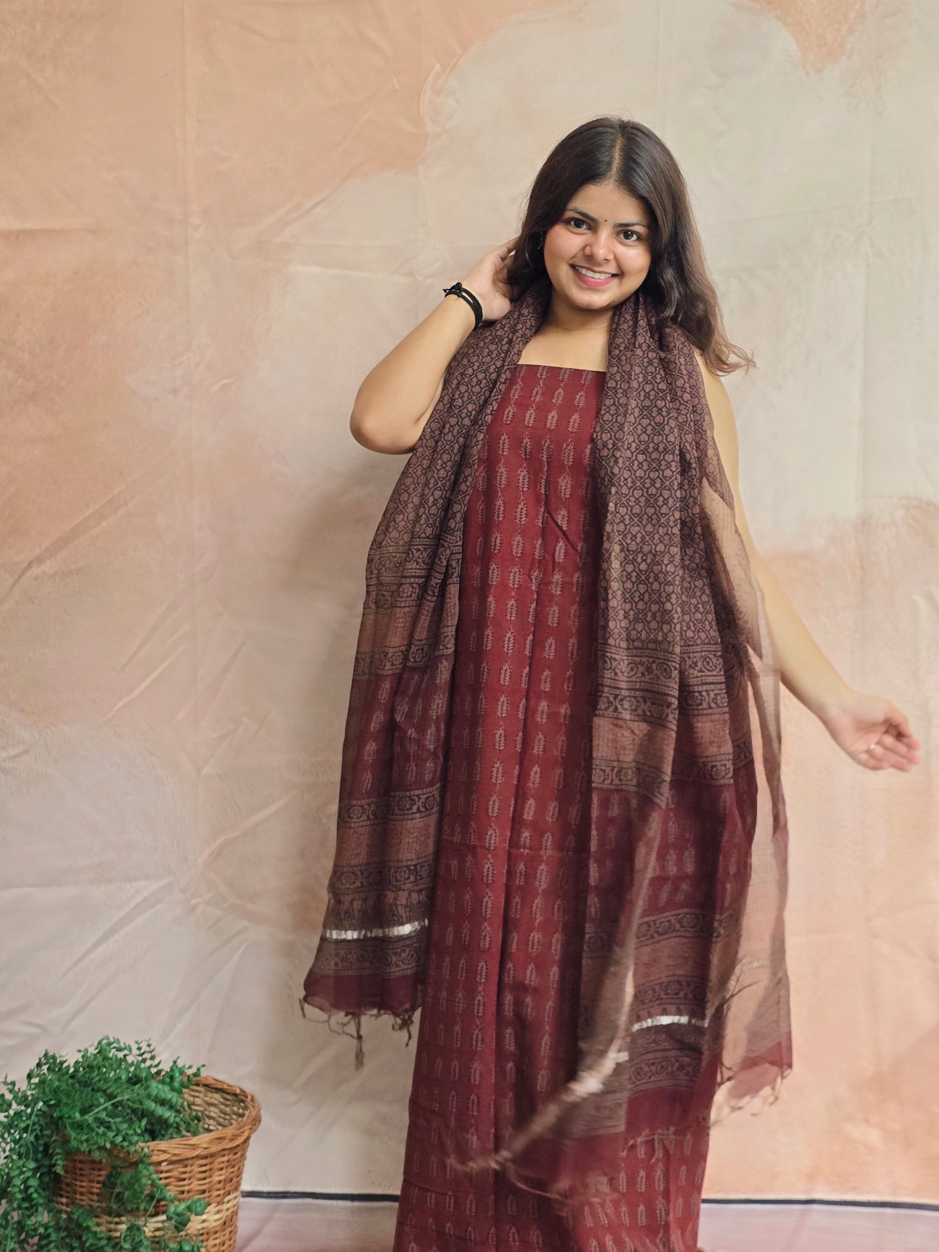 Natural Dyed Hand Block Print Cotton Suit Set with Kota Doria Dupatta