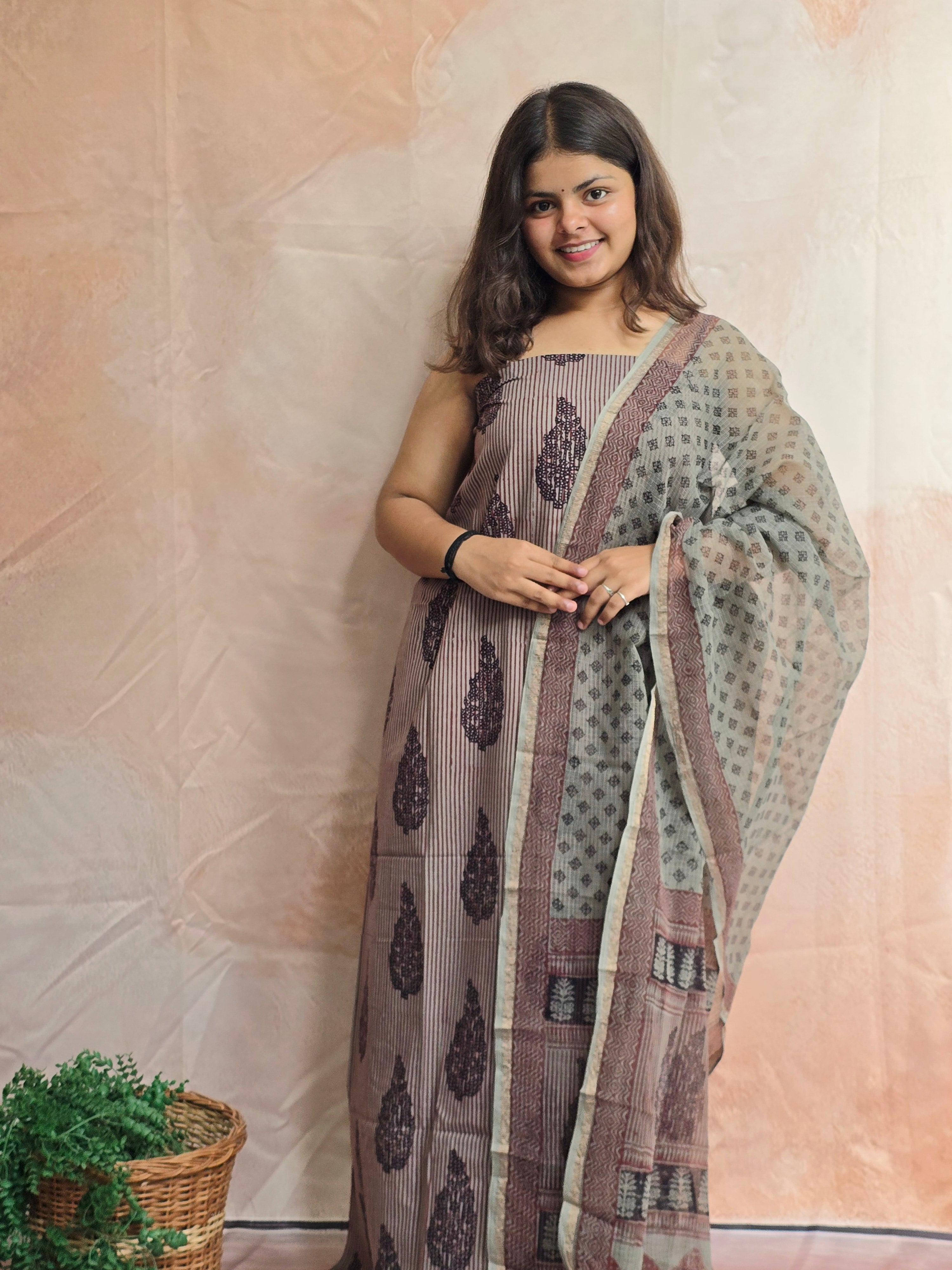 Natural Dyed Hand Block Print Cotton Suit Set with Kota Doria Dupatta
