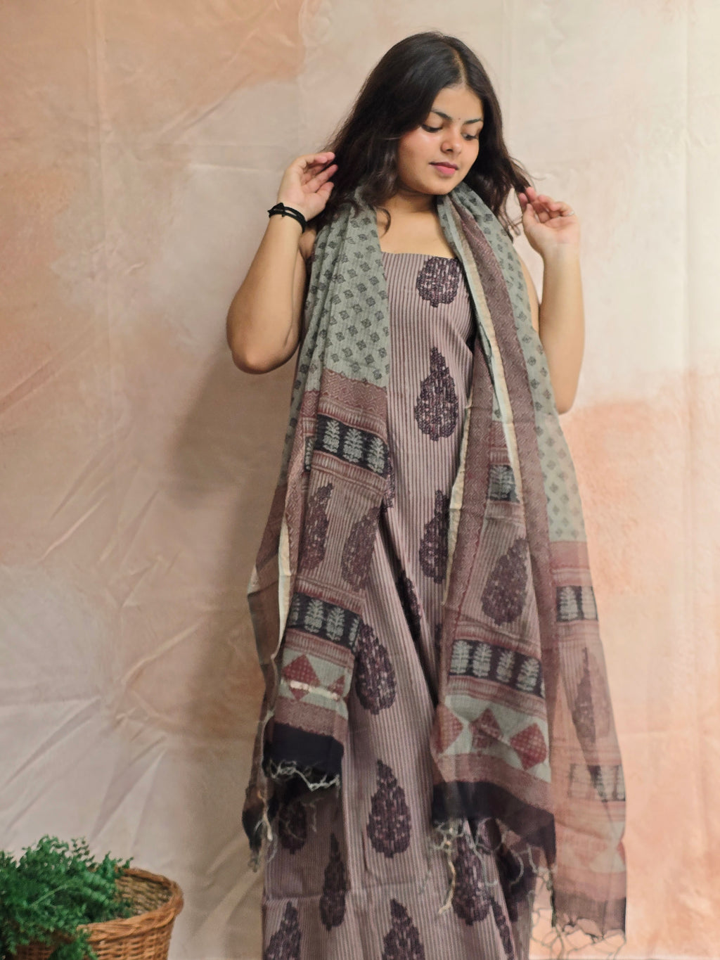 Natural Dyed Hand Block Print Cotton Suit Set with Kota Doria Dupatta