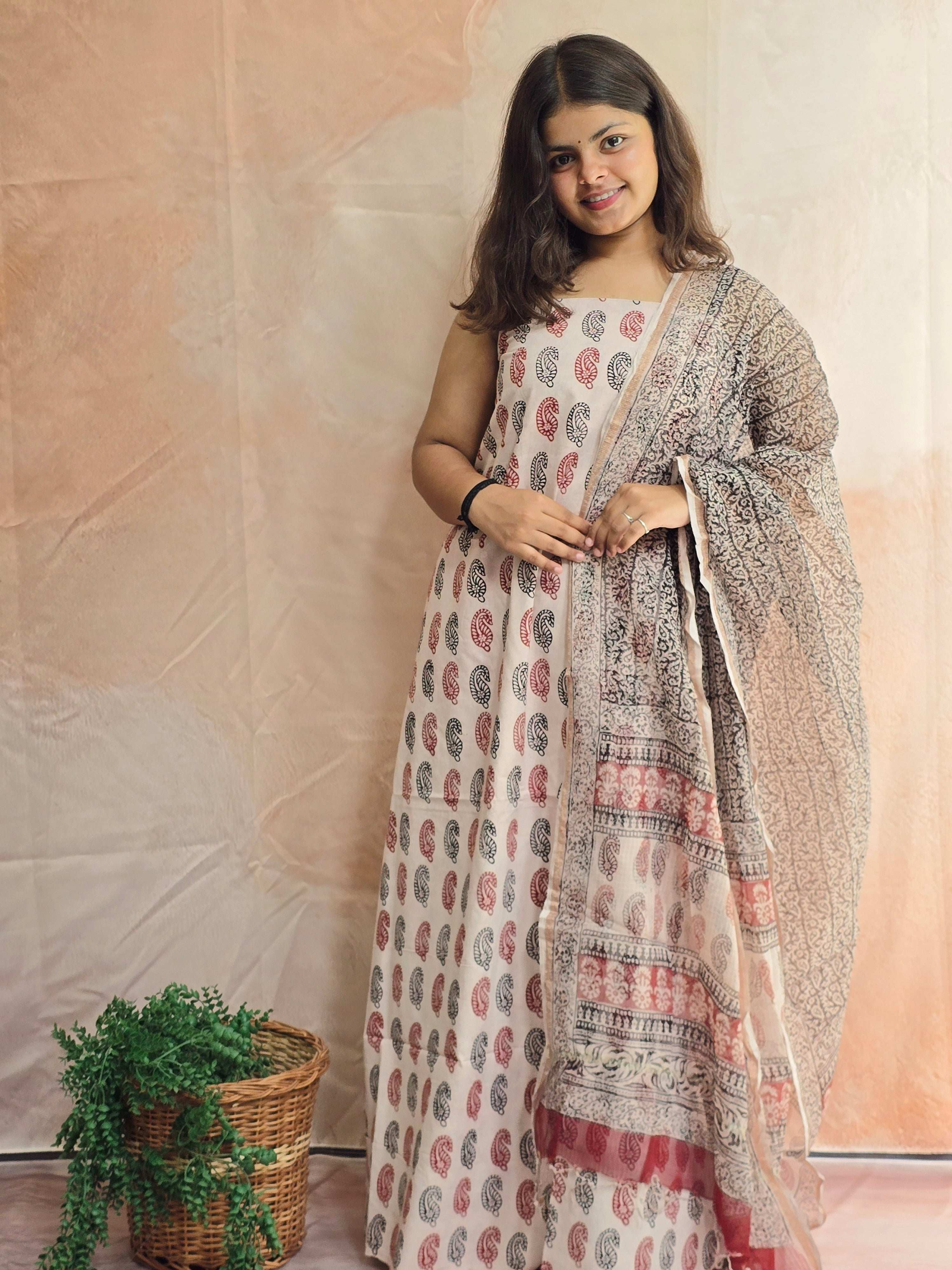Natural Dyed Hand Block Print Cotton Suit Set with Kota Doria Dupatta