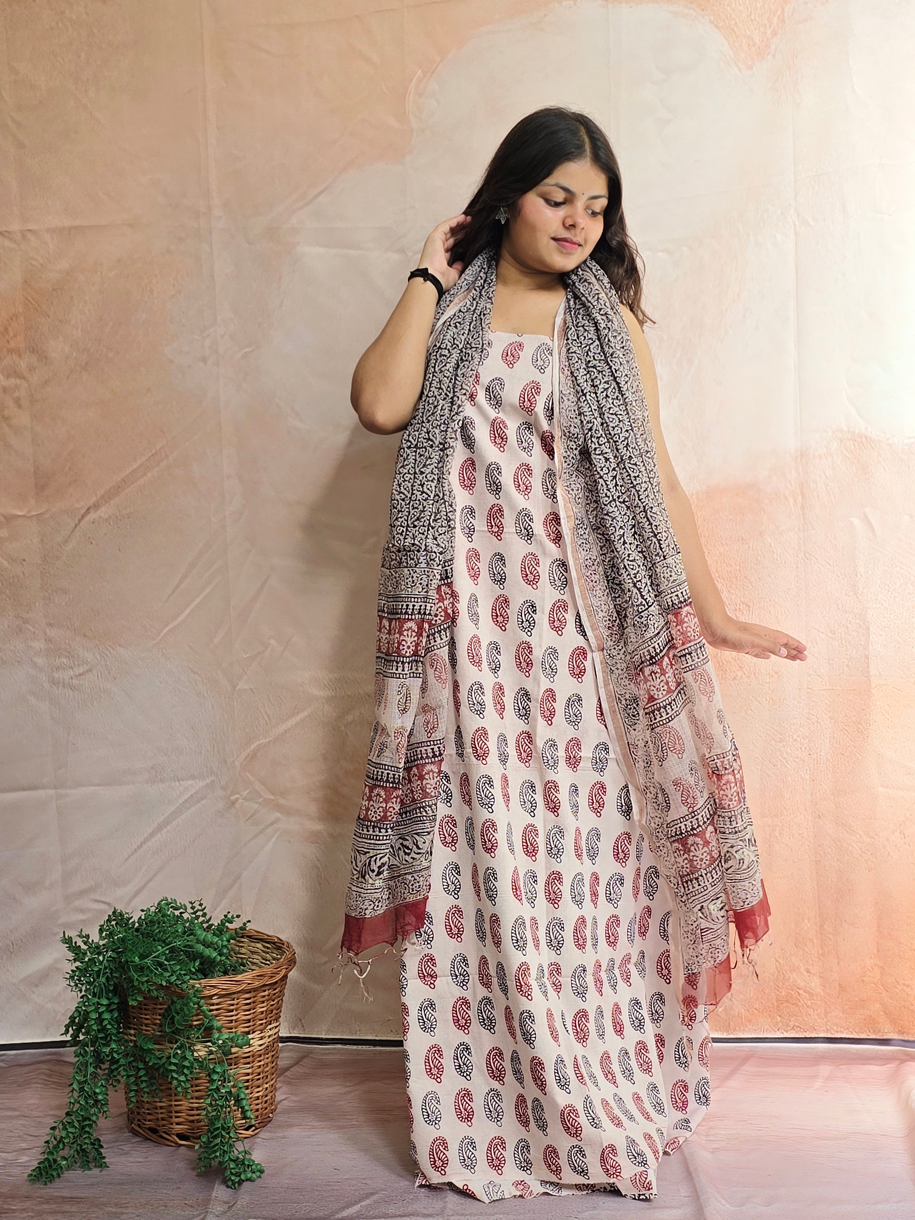 Natural Dyed Hand Block Print Cotton Suit Set with Kota Doria Dupatta