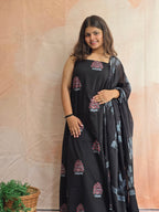 Handblock Printed Mul Cotton Dress Material Set - Black