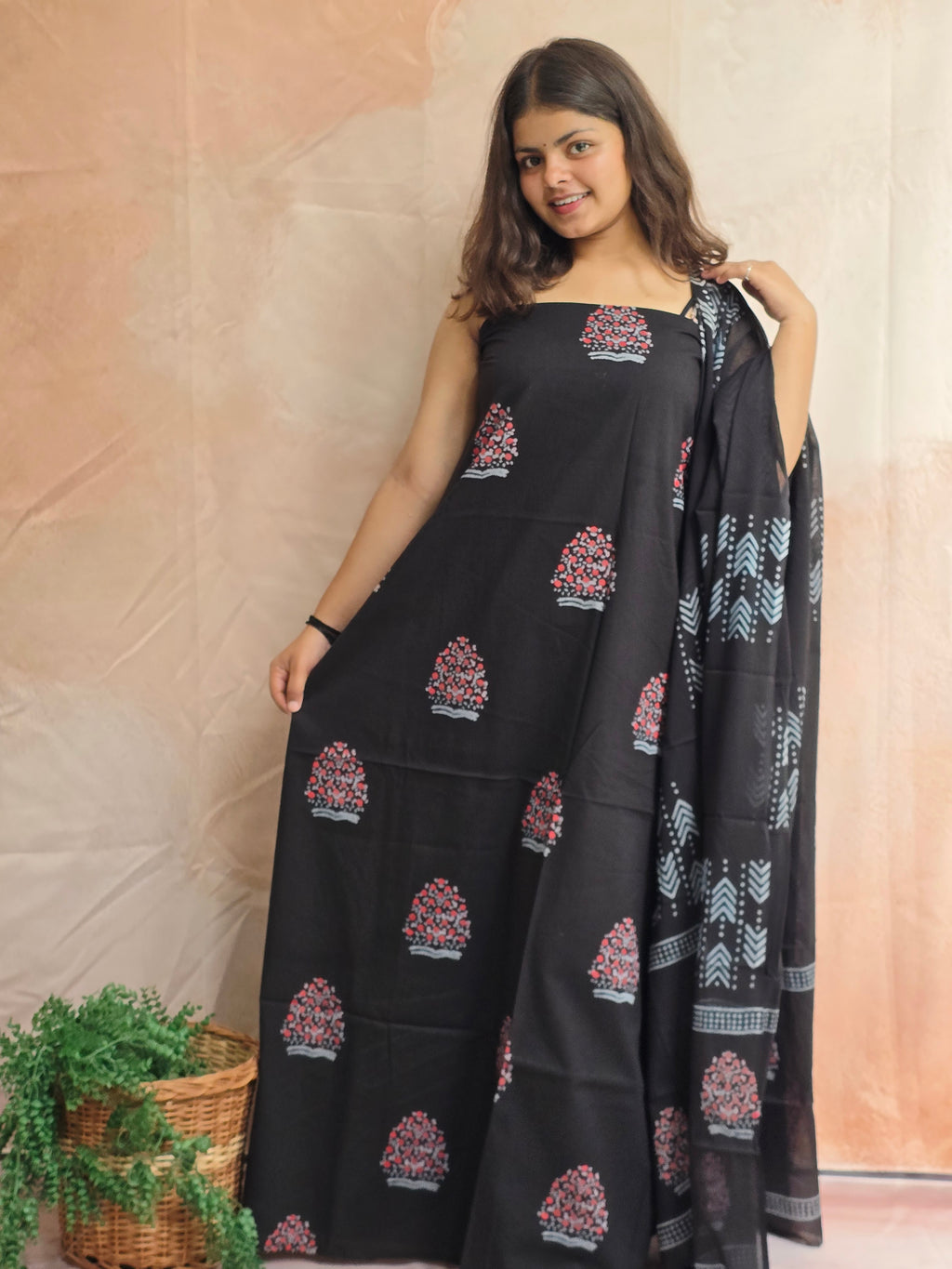 Handblock Printed Mul Cotton Dress Material Set - Black