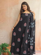 Handblock Printed Mul Cotton Dress Material Set - Black