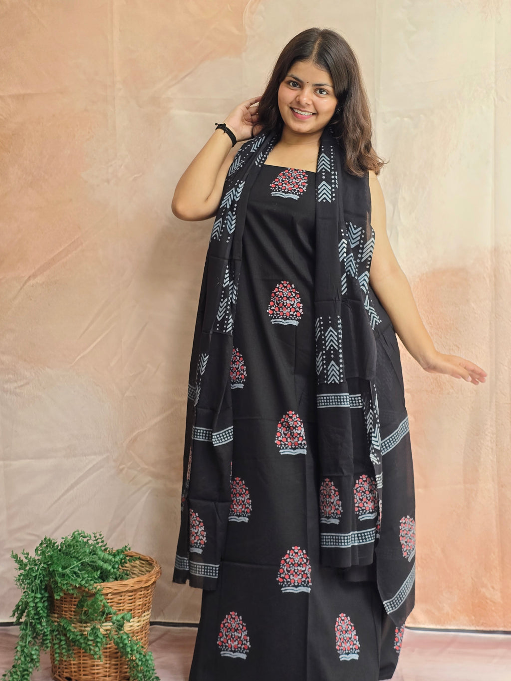 Handblock Printed Mul Cotton Dress Material Set - Black