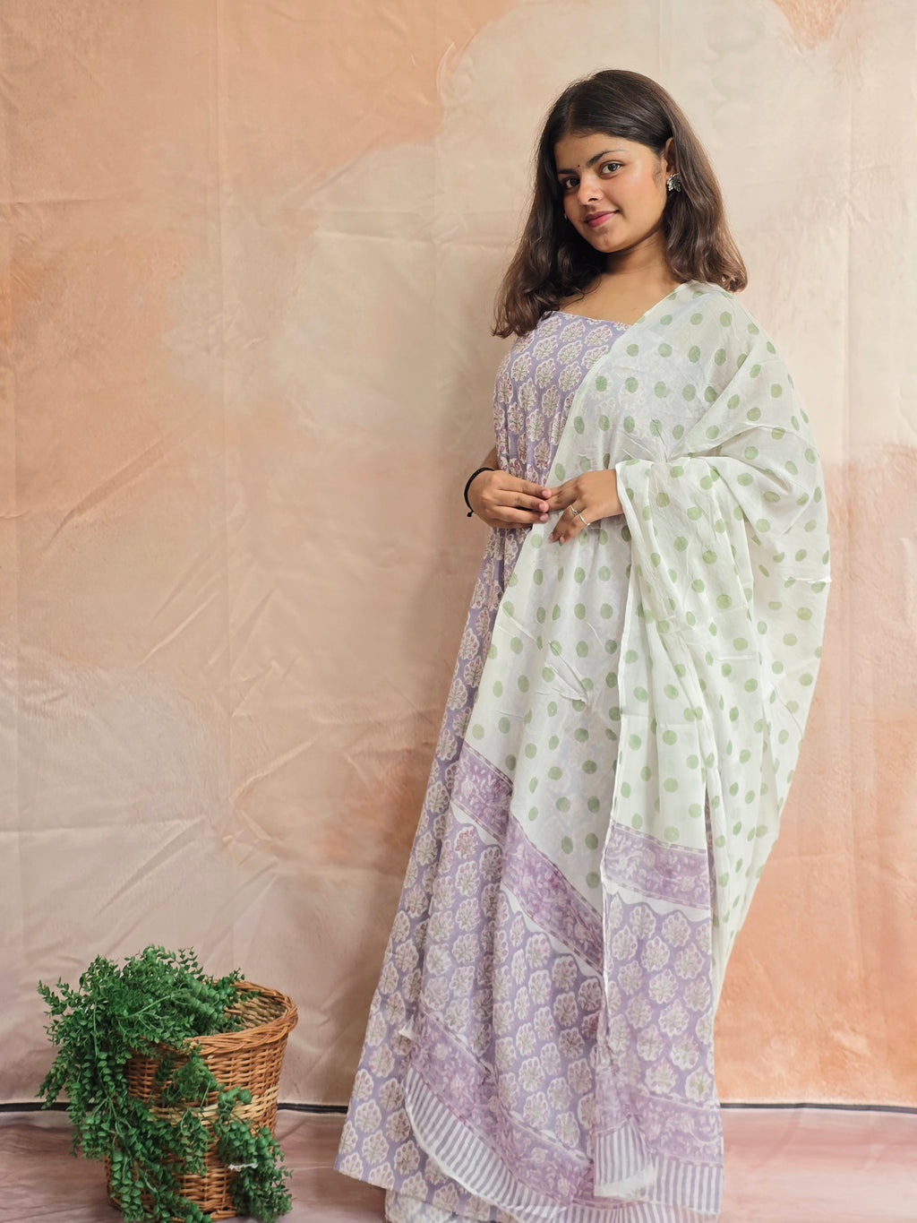 Handblock Printed Mul Cotton Dress Material Set - Lavender White
