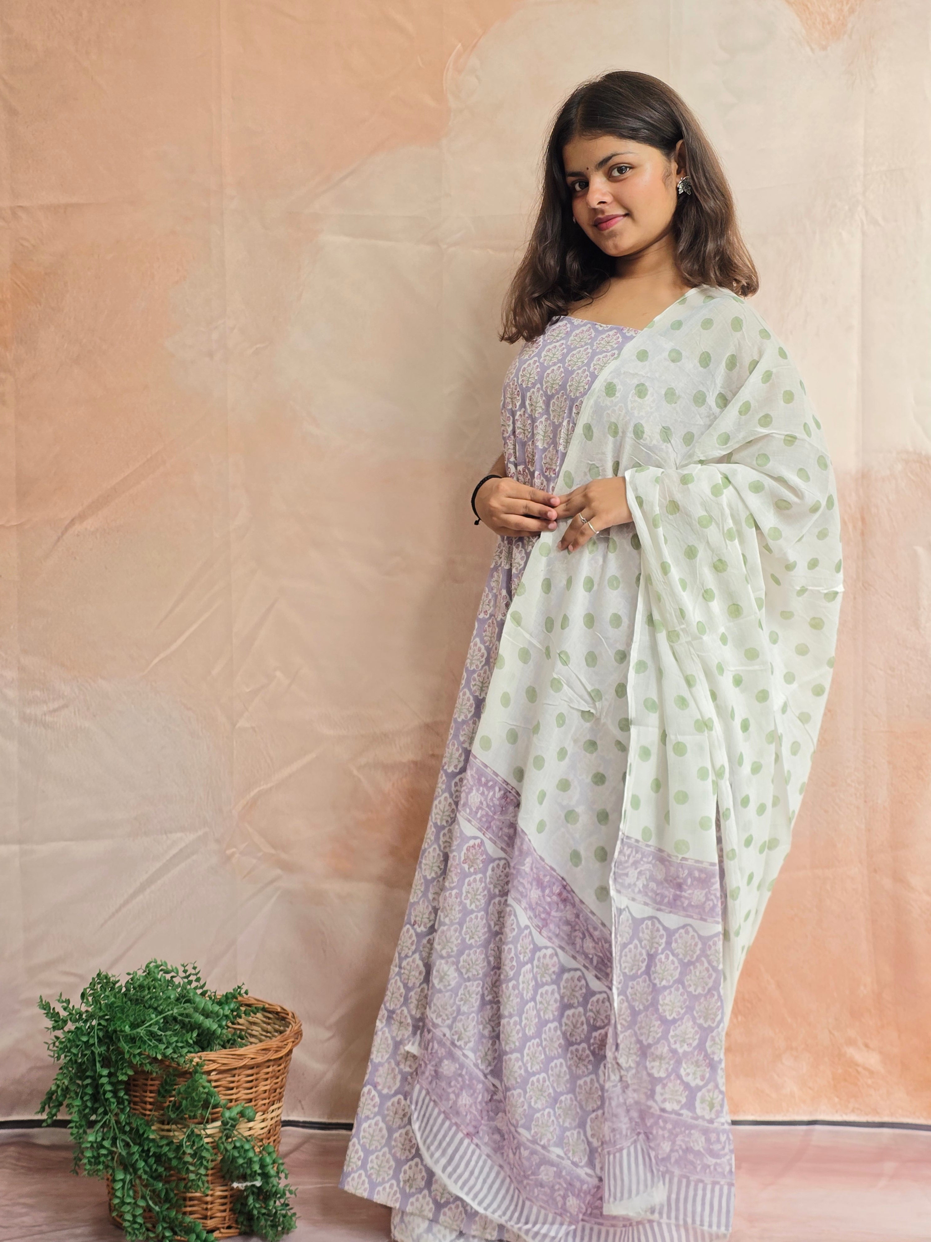 Handblock Printed Mul Cotton Dress Material Set - Lavender White