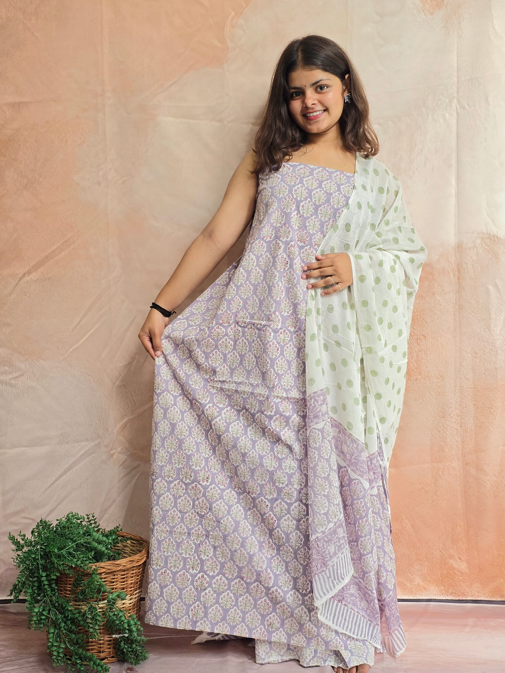 Handblock Printed Mul Cotton Dress Material Set - Lavender White
