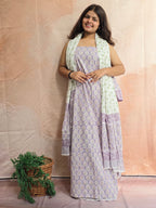 Handblock Printed Mul Cotton Dress Material Set - Lavender White