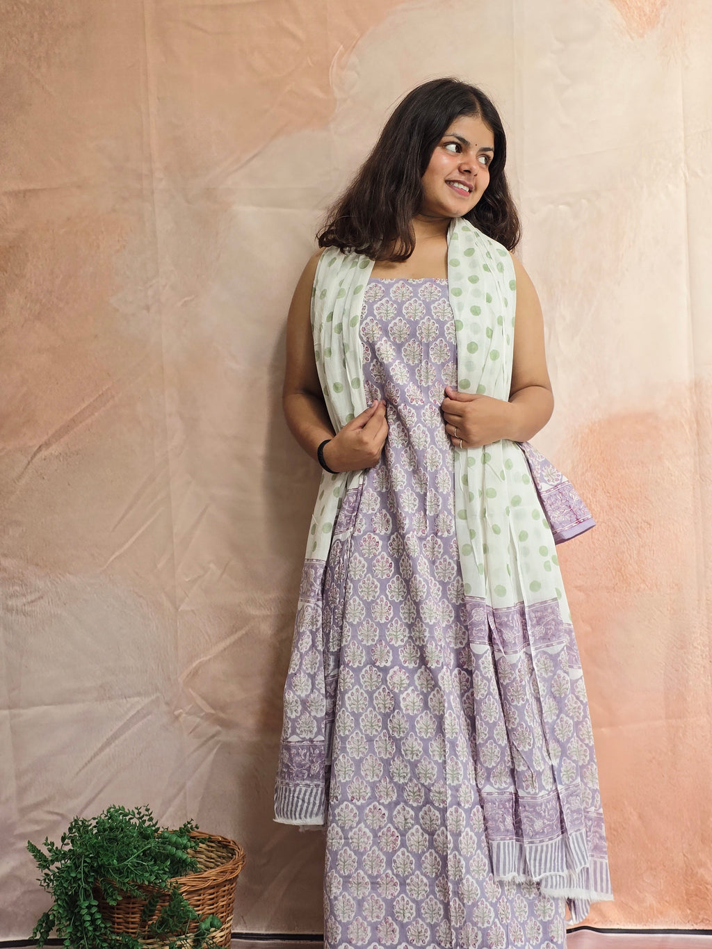 Handblock Printed Mul Cotton Dress Material Set - Lavender White