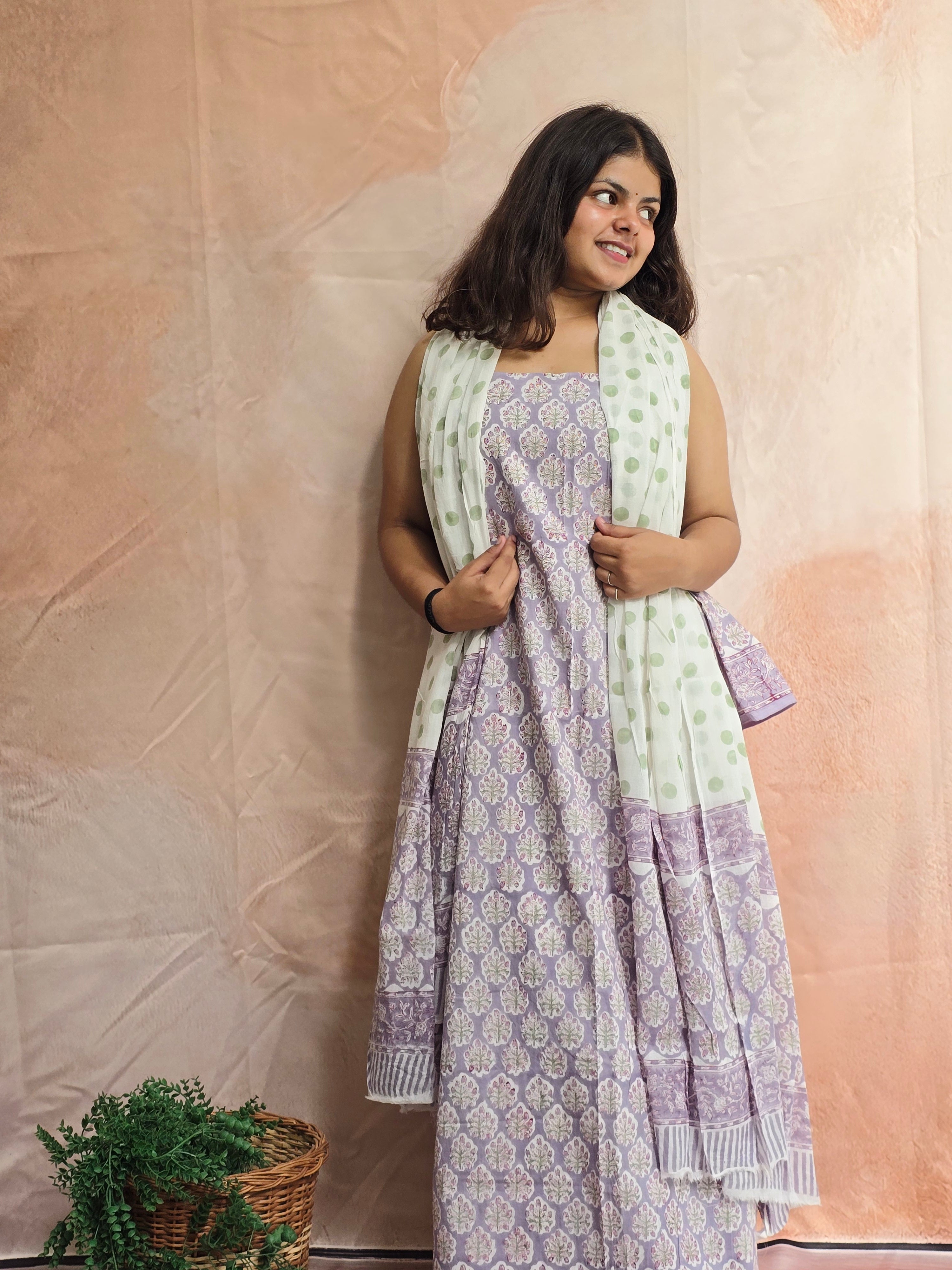Handblock Printed Mul Cotton Dress Material Set - Lavender White