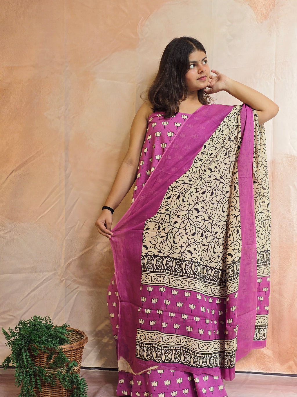 Handblock Printed Mul Cotton Dress Material Set - Purple